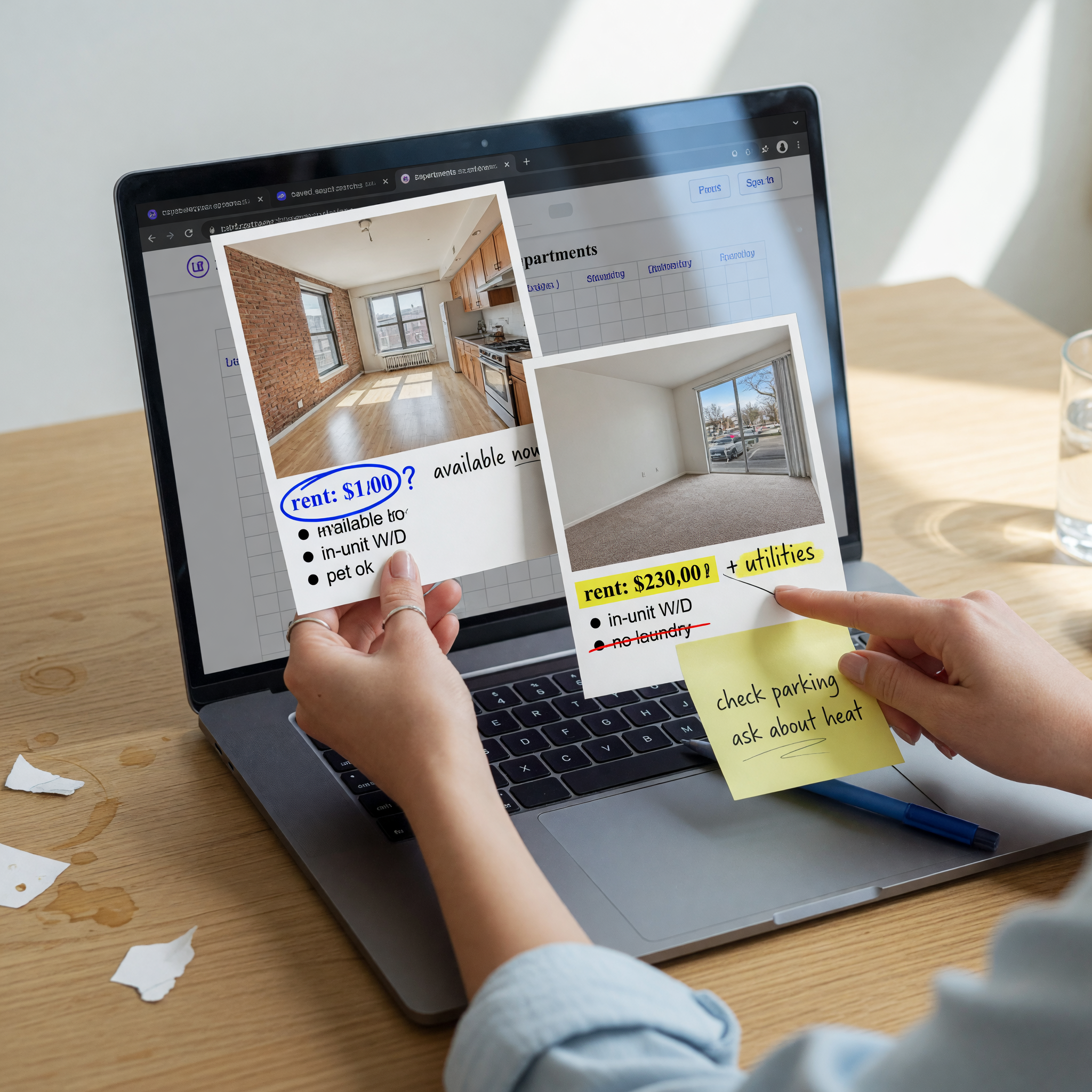 Flat illustration of a person comparing apartment listing cards on a laptop.