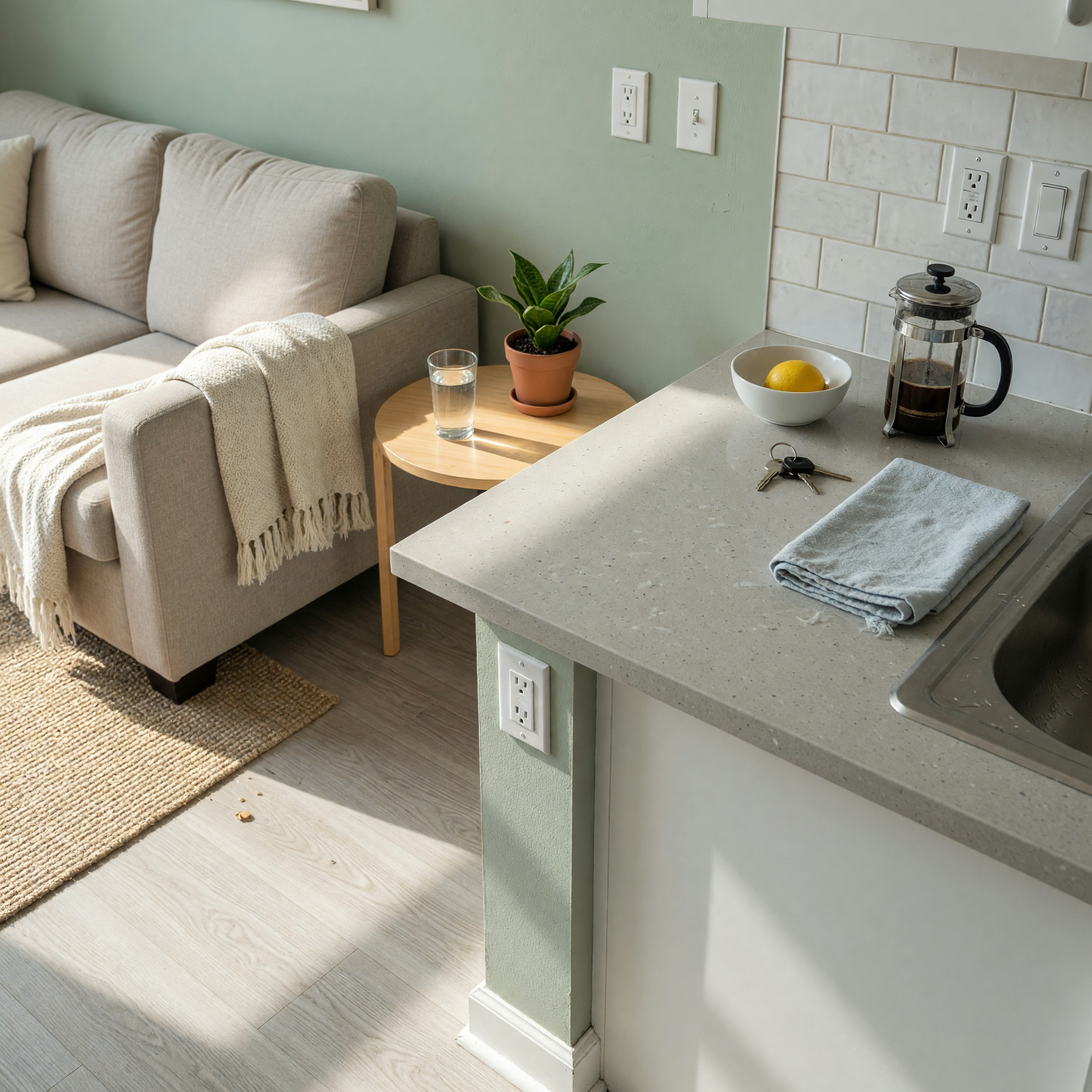 Bright apartment living room and kitchen for a rental post