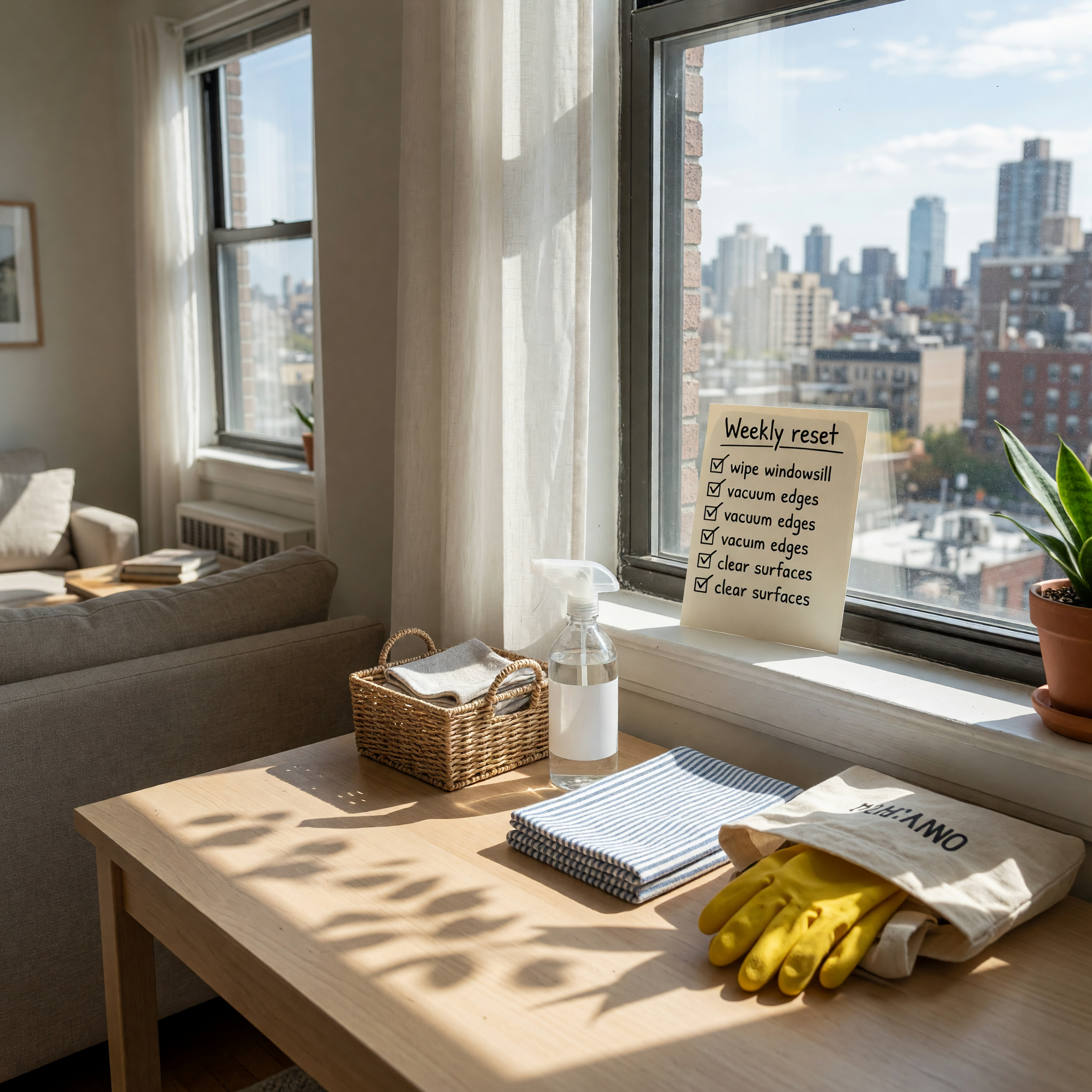 Bright apartment interior with natural light and city view