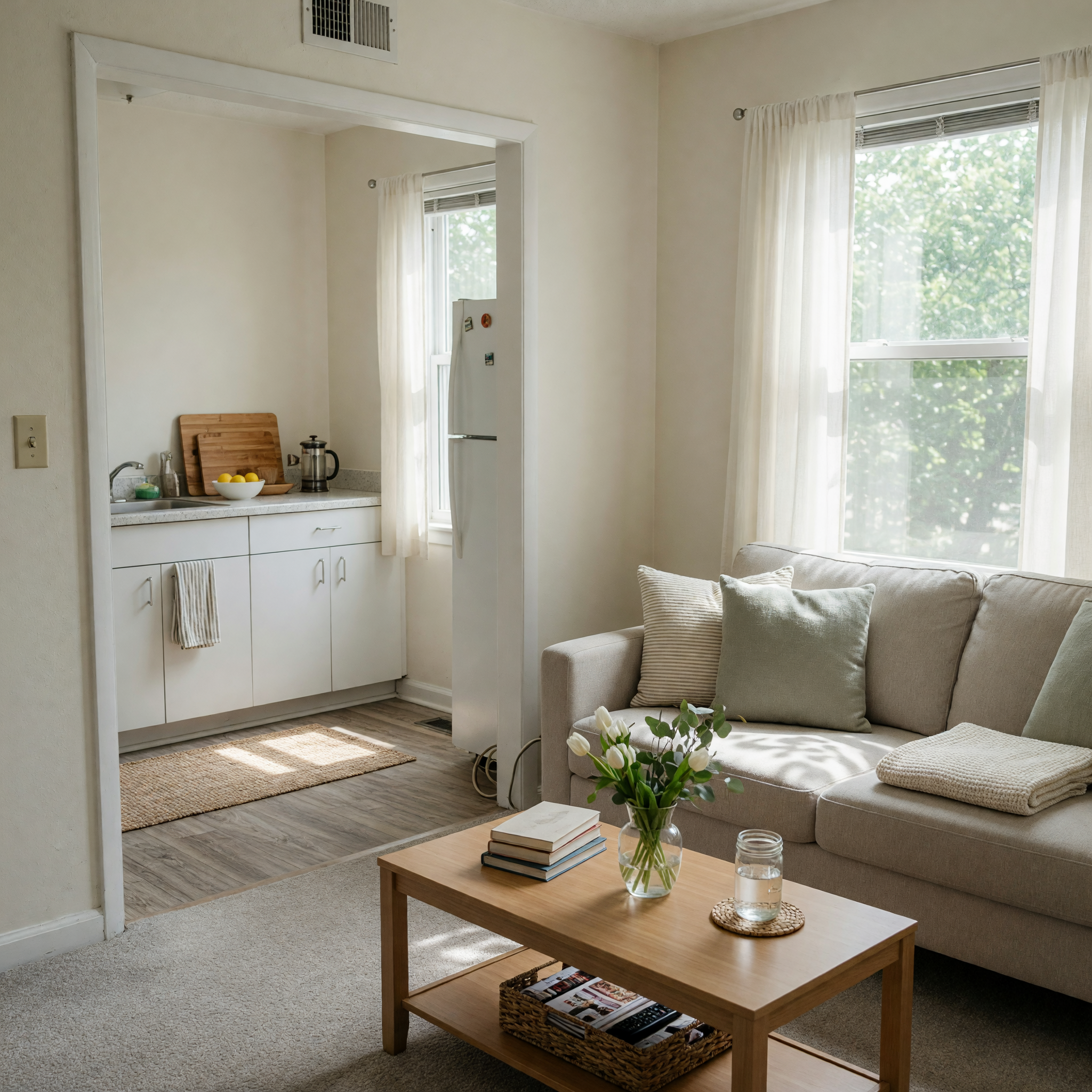 Wide view of a tidy apartment living room and kitchen