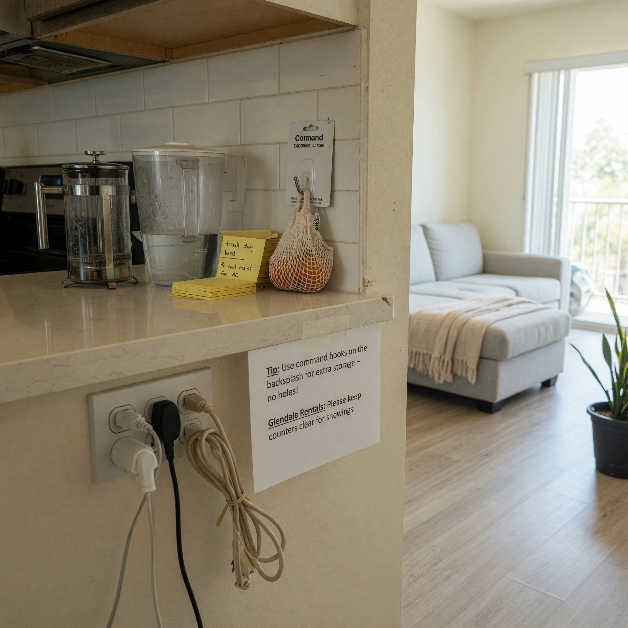 Modern rental apartment living room and kitchen in Glendale