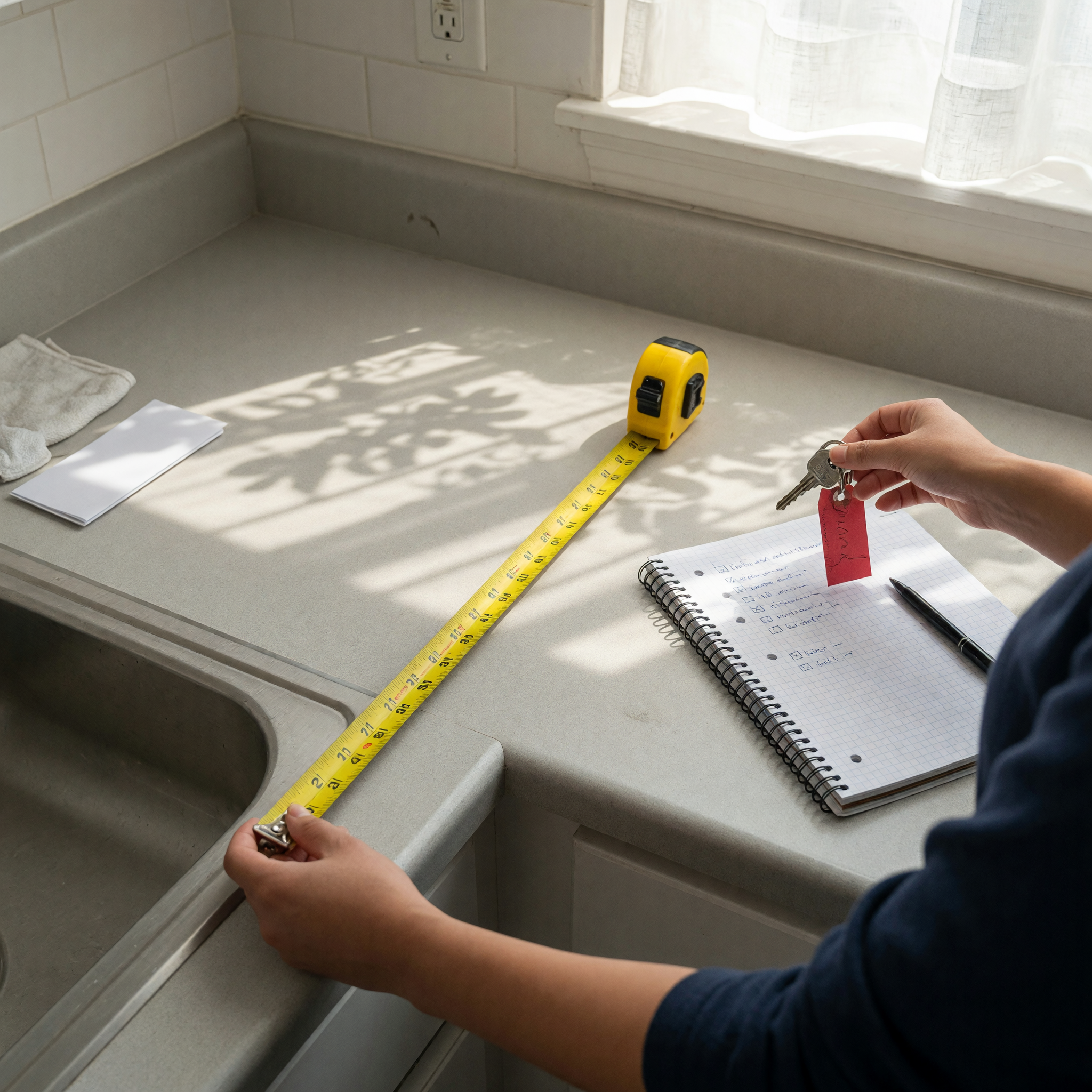 Apartment listing checklist with keys and measuring tools on a kitchen counter