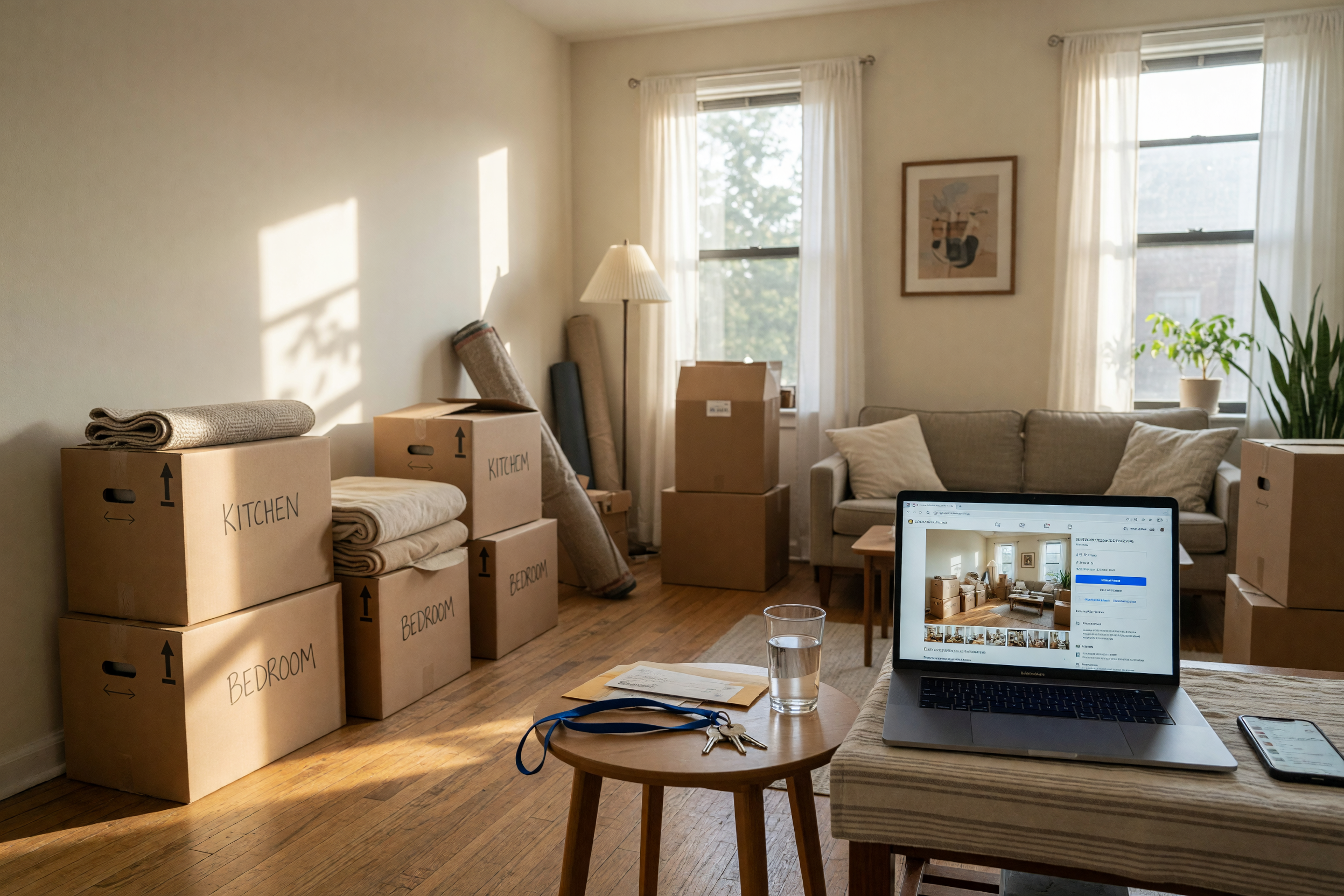 Furnished apartment prepared for a sublet listing with moving boxes and keys