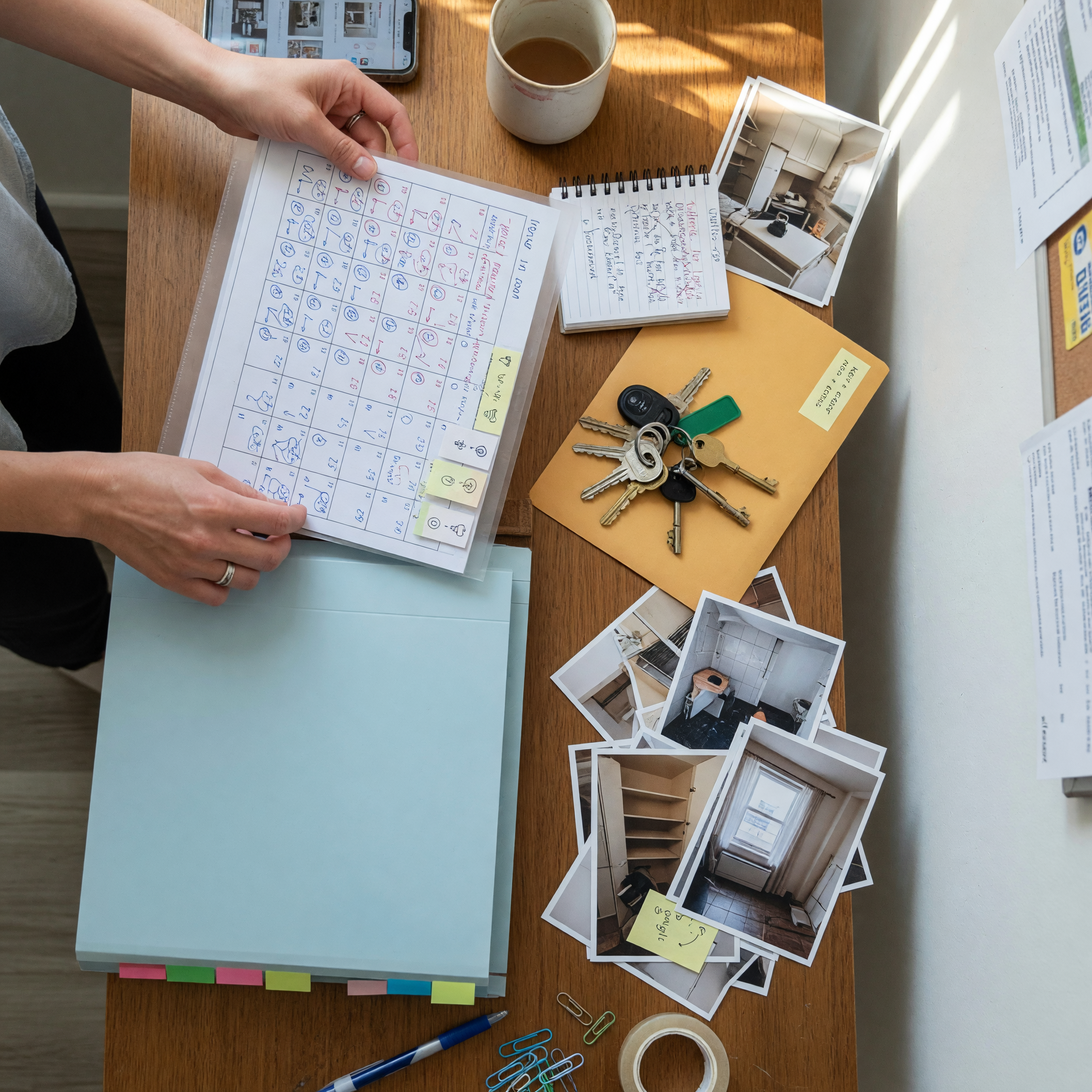 Lease dates, keys, and apartment photos organized before posting a sublet listing