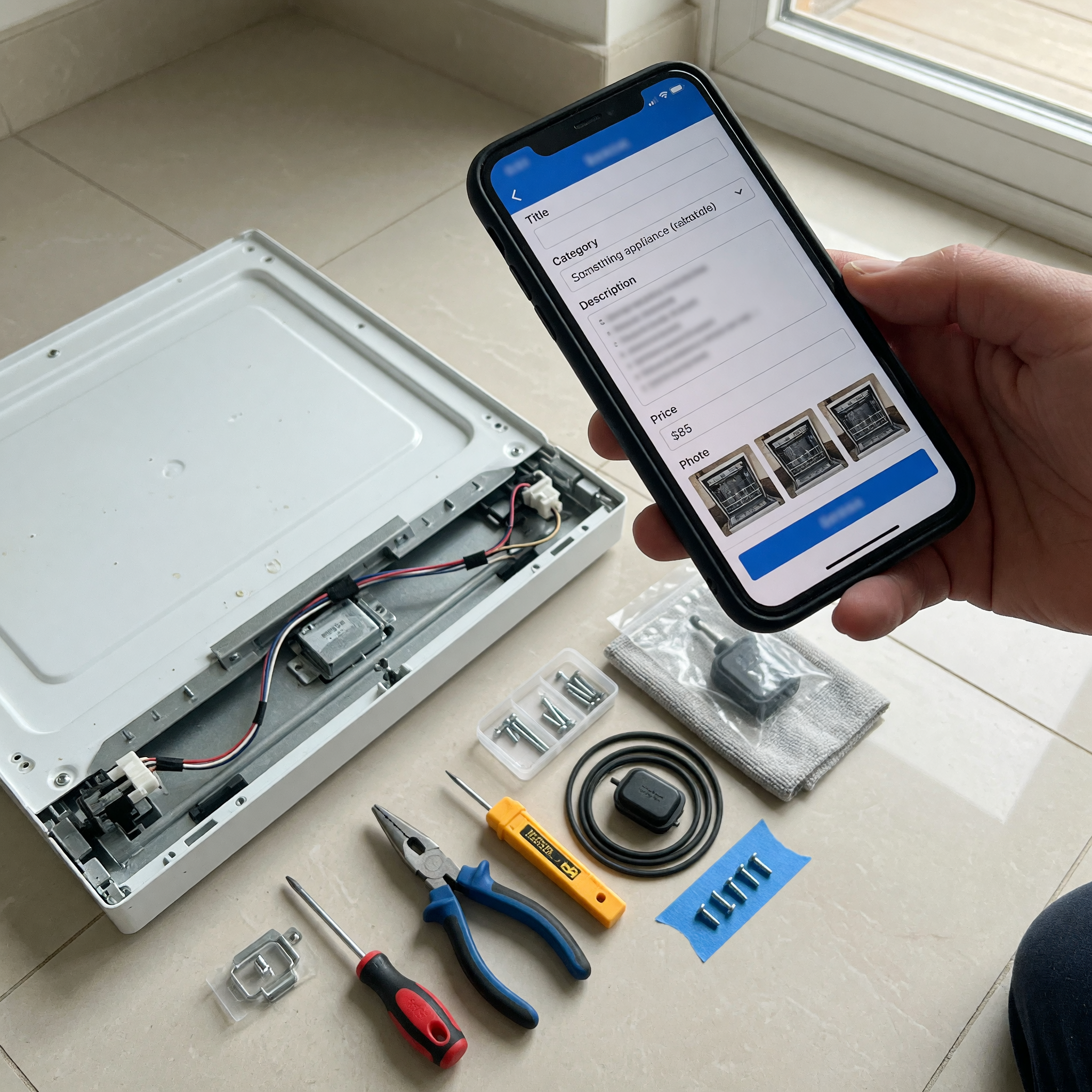 Technician holding a phone with a service listing form open next to a repaired dishwasher panel and neatly arranged tools and replacement parts on a clean kitchen floor
