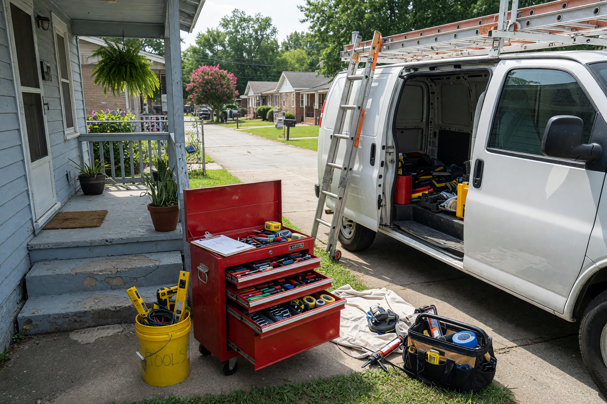 Tool van and repair equipment outside a neighborhood home for an Atlanta local services listing