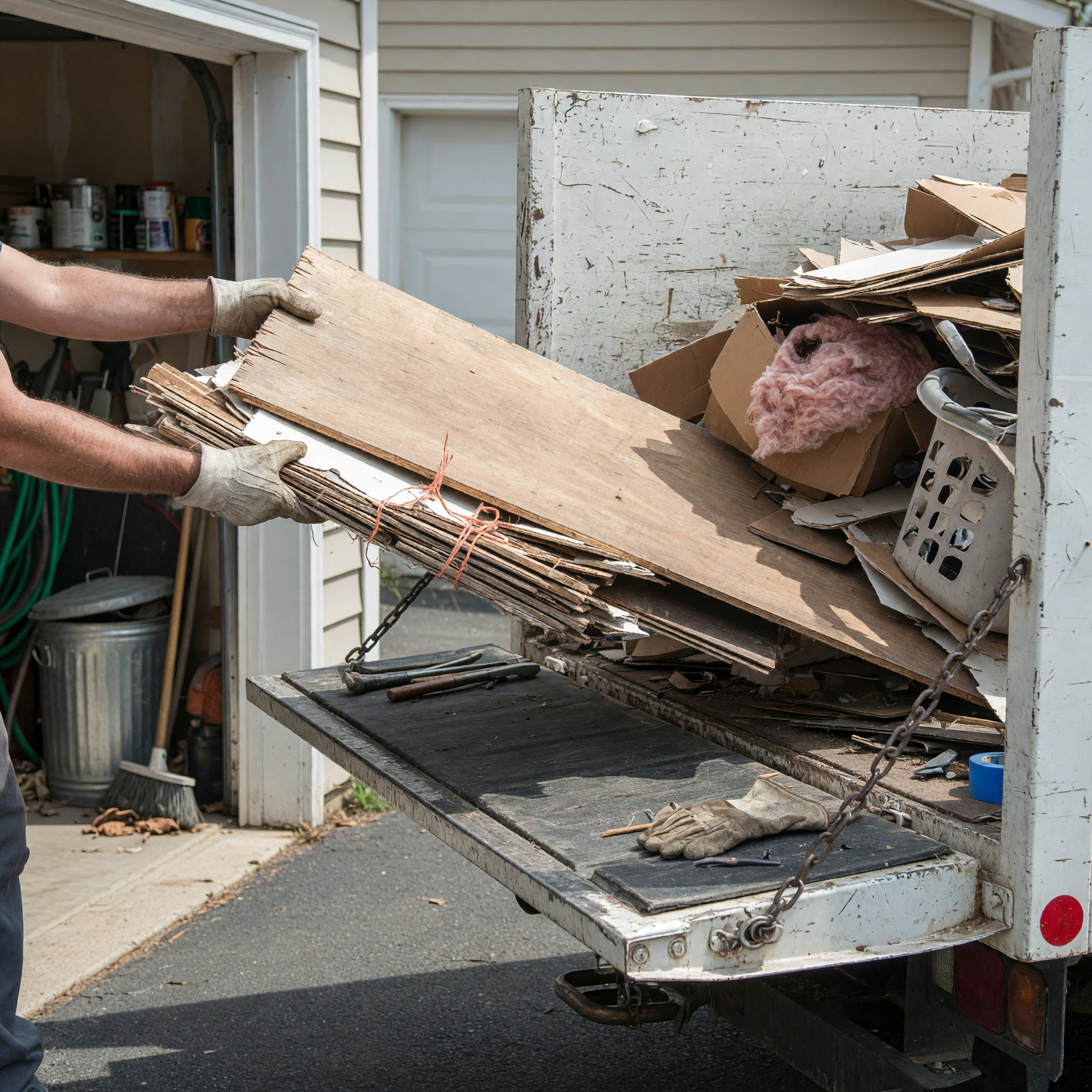Worker loading junk from a garage into a hauling truck
