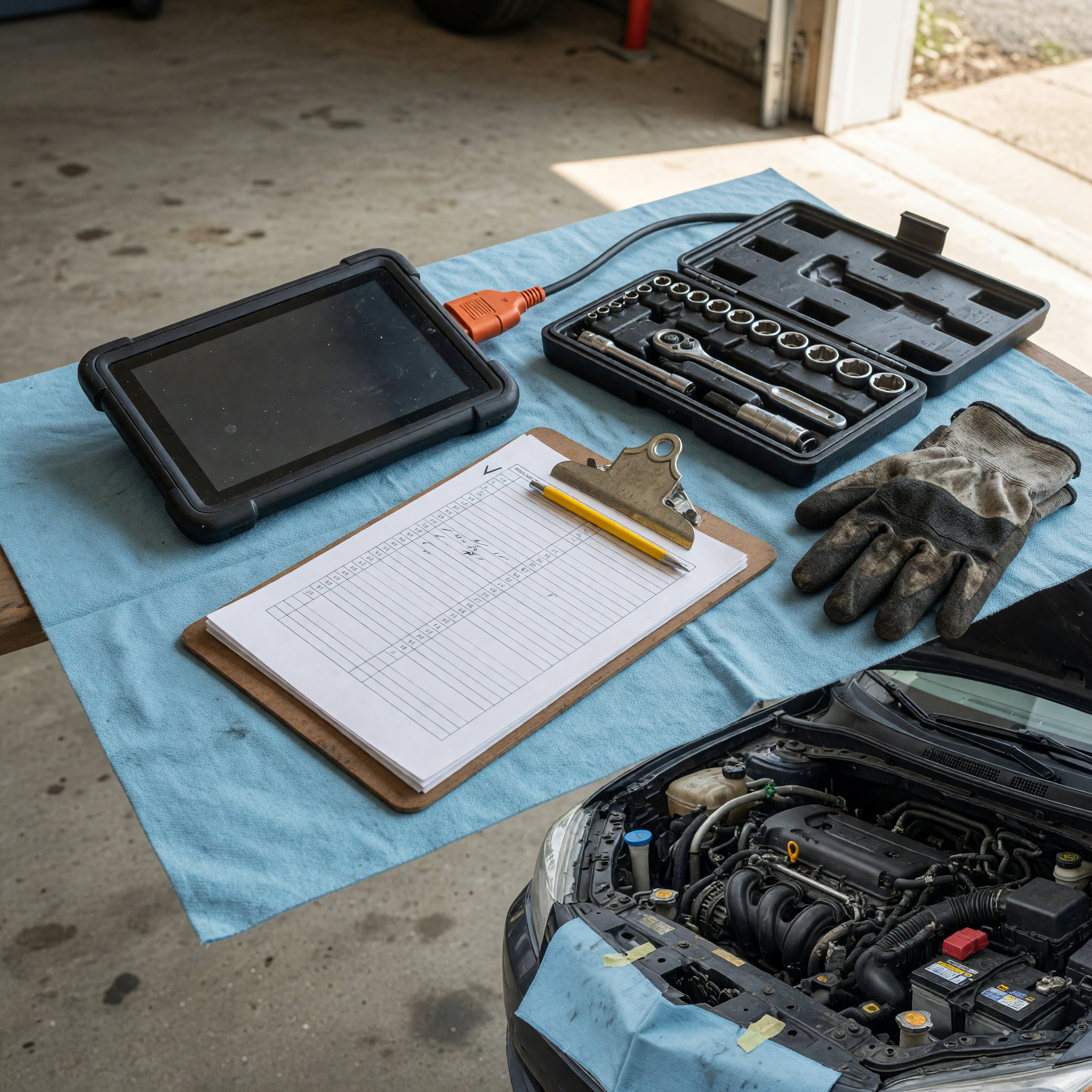 Diagnostic tablet, hand tools, gloves, and clipboard beside an open engine bay