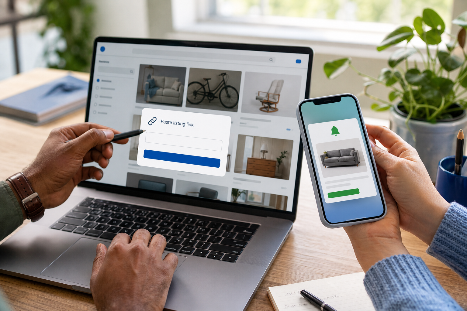 Laptop and phone showing a marketplace listing import and notification workflow