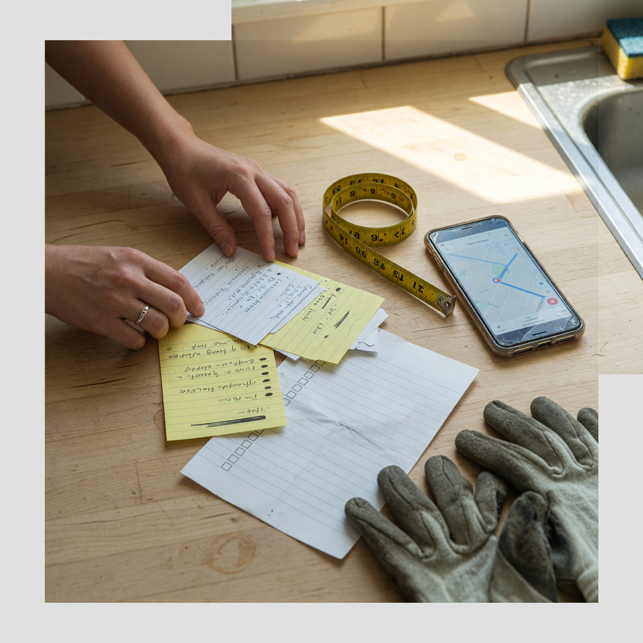 Hands preparing a local service listing beside work gloves, a measuring tape, and a phone with a generic map view