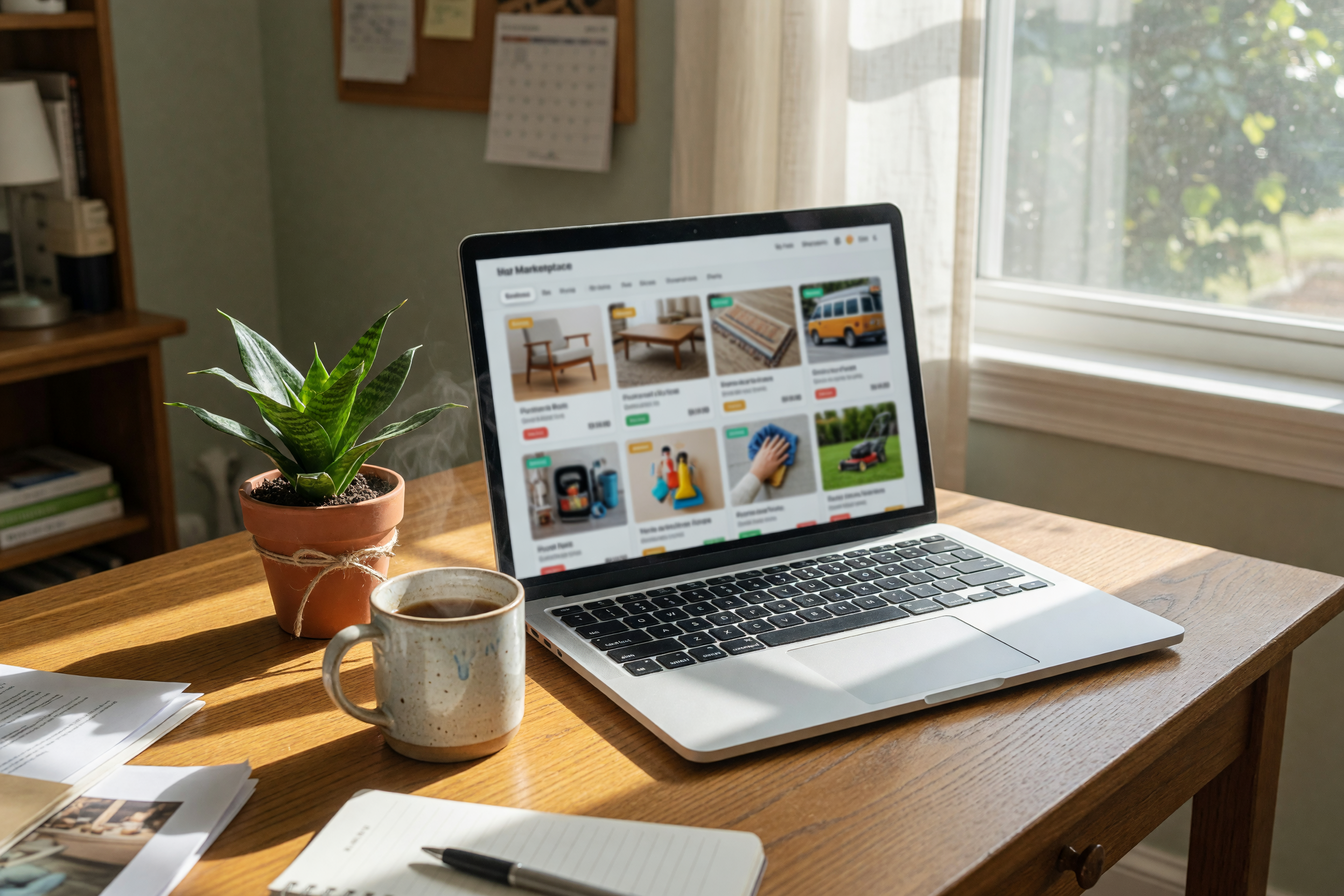 Sunlit home office laptop showing a blurred local marketplace listing grid