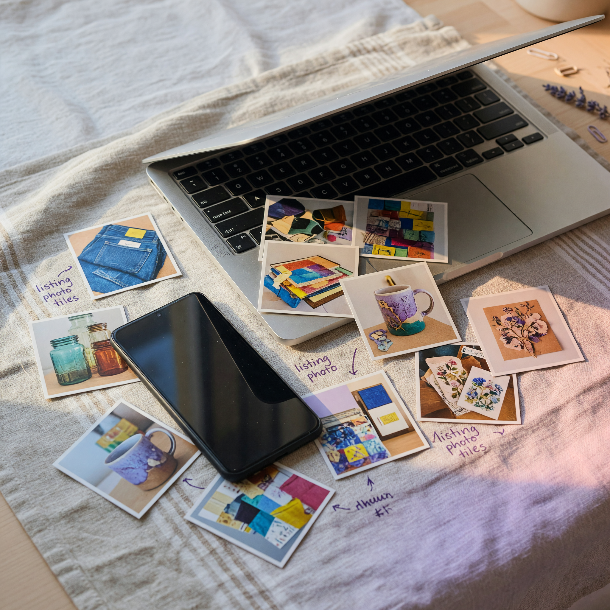 Close-up of a laptop and phone showing abstract listing photo tiles on a linen desk