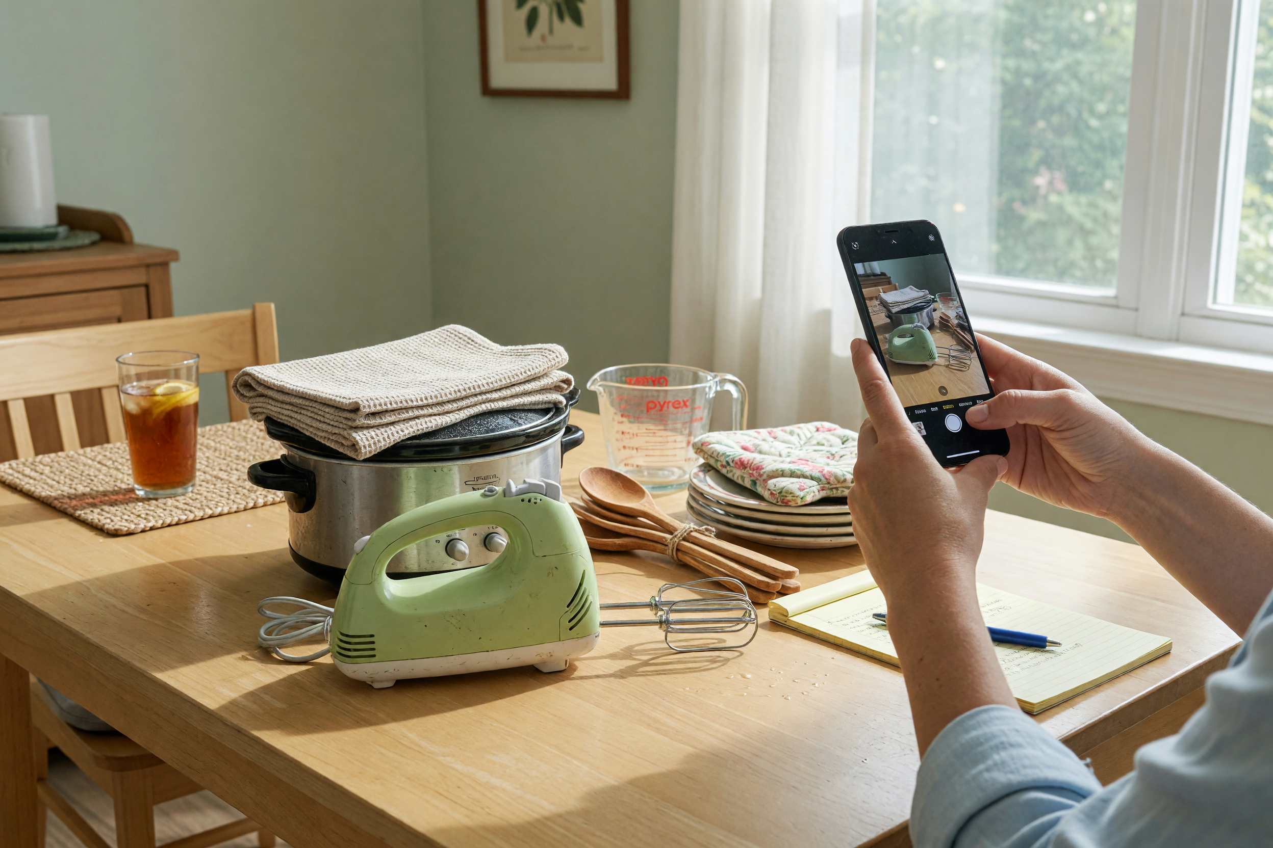 Person photographing used household items on a sunlit table to list them for local sale.