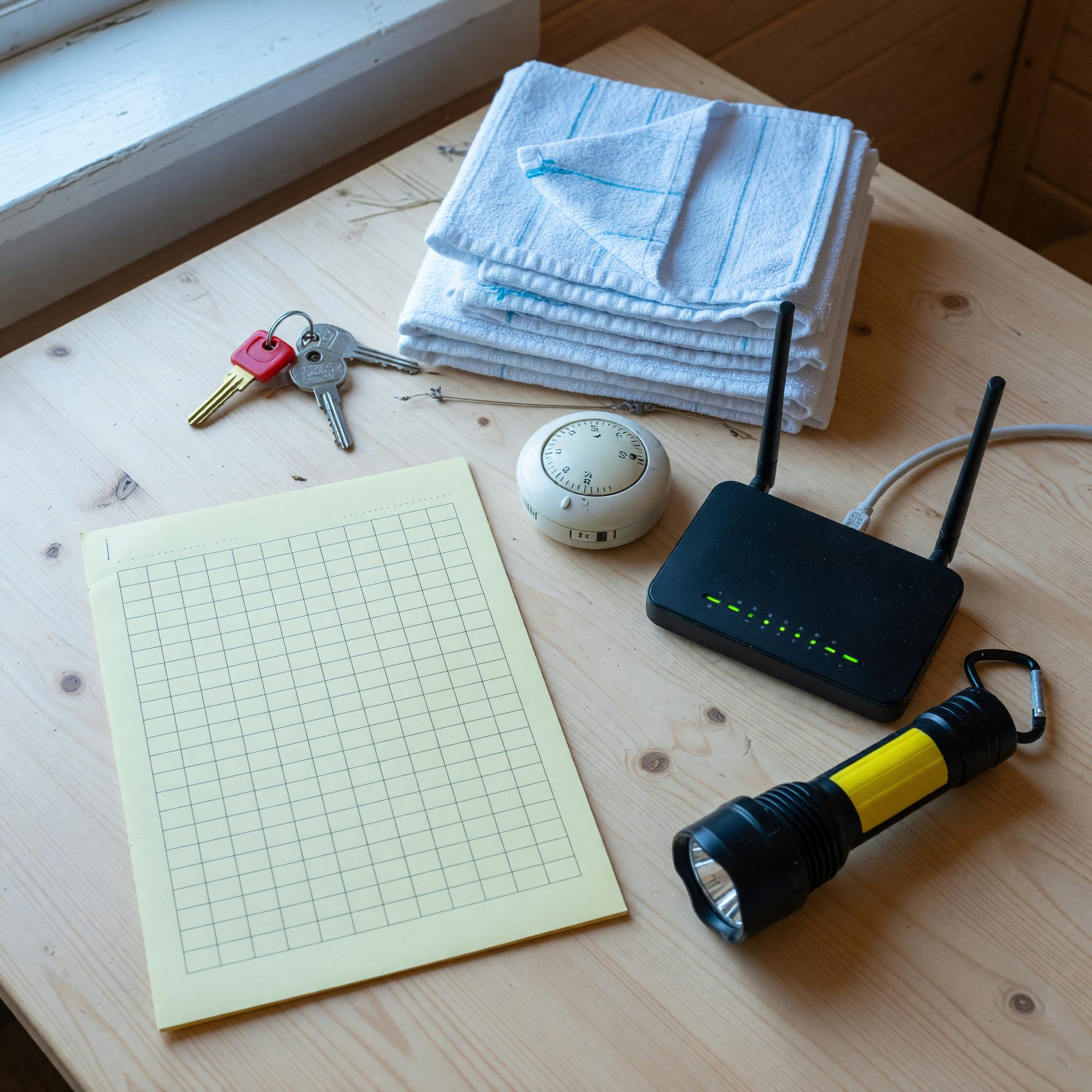 Cabin rental preparation with keys, towels, thermostat, router, flashlight, and blank checklist