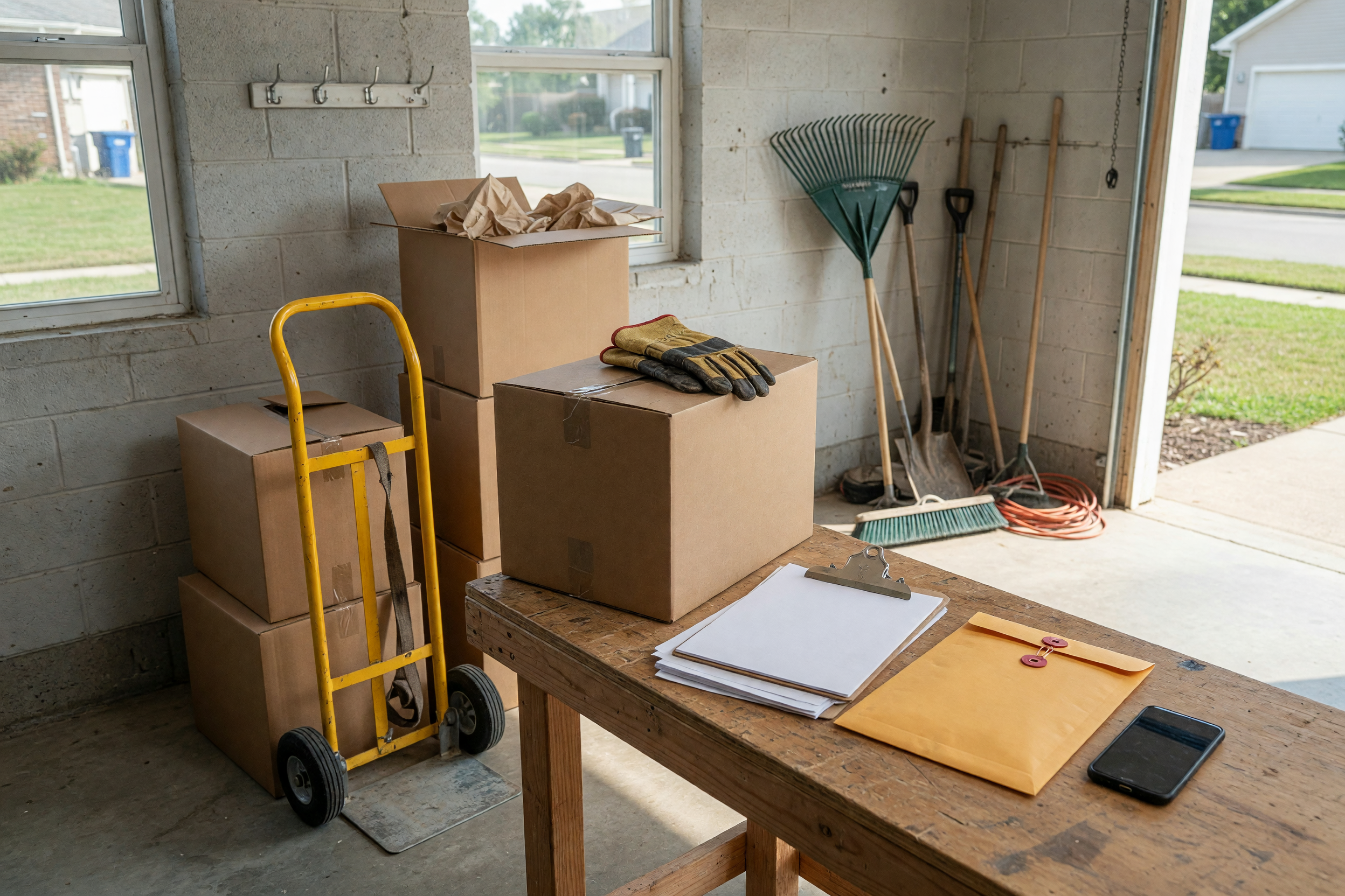 Work gloves, moving boxes, tools, blank clipboard, and envelope staged for a same-day paid local gig