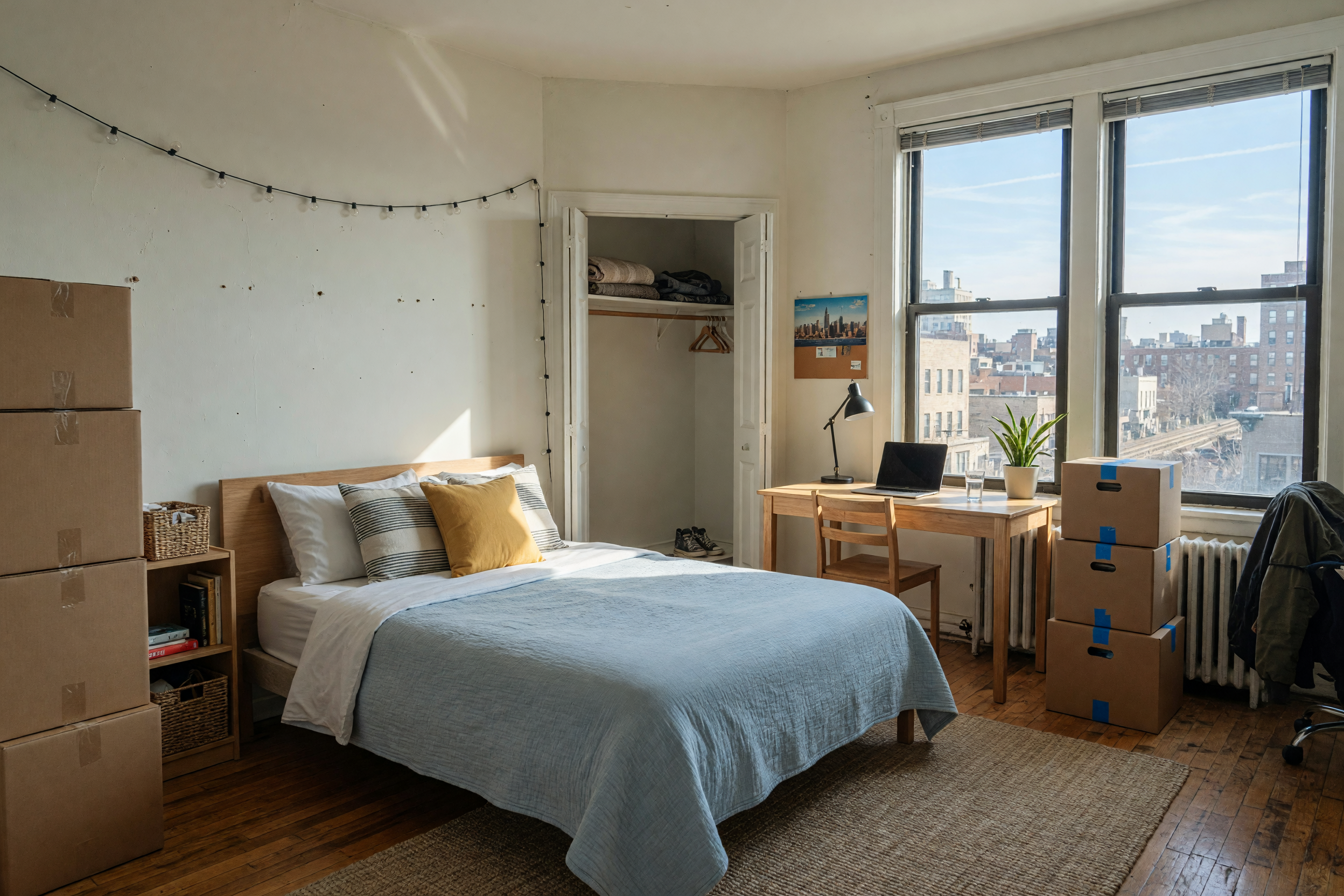 Bright Chicago apartment bedroom prepared for a room rental listing