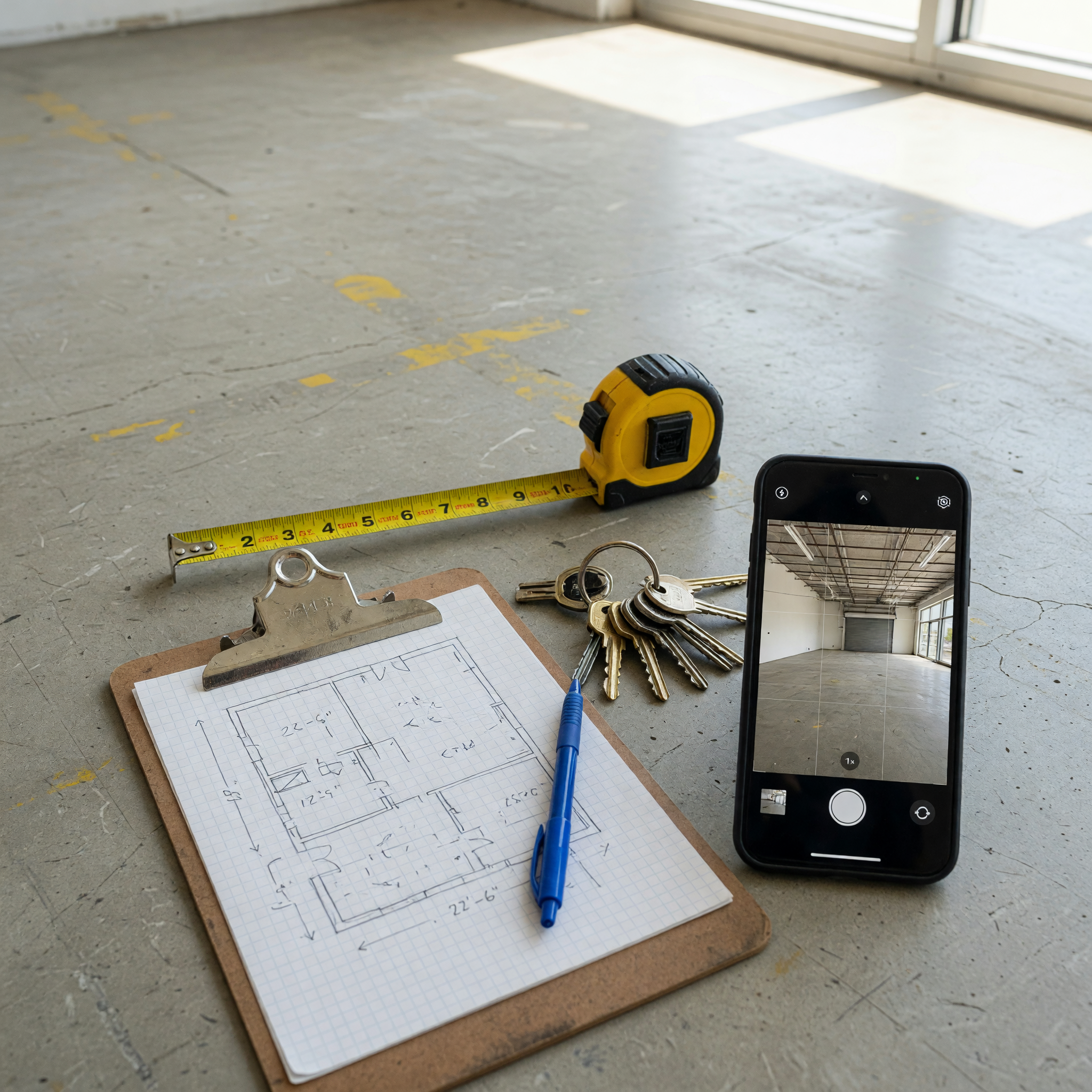 Tape measure keys and floor plan prepared for a commercial lease listing
