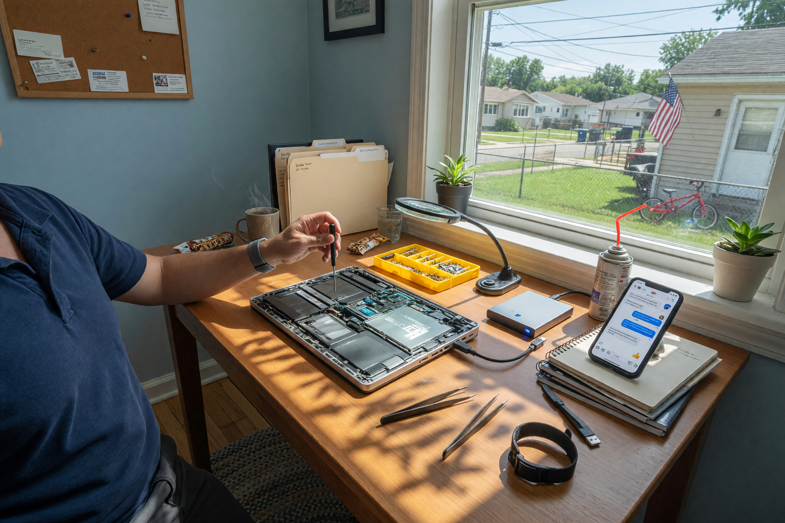 Local computer repair technician working on an open laptop at a tidy home desk with a small toolkit