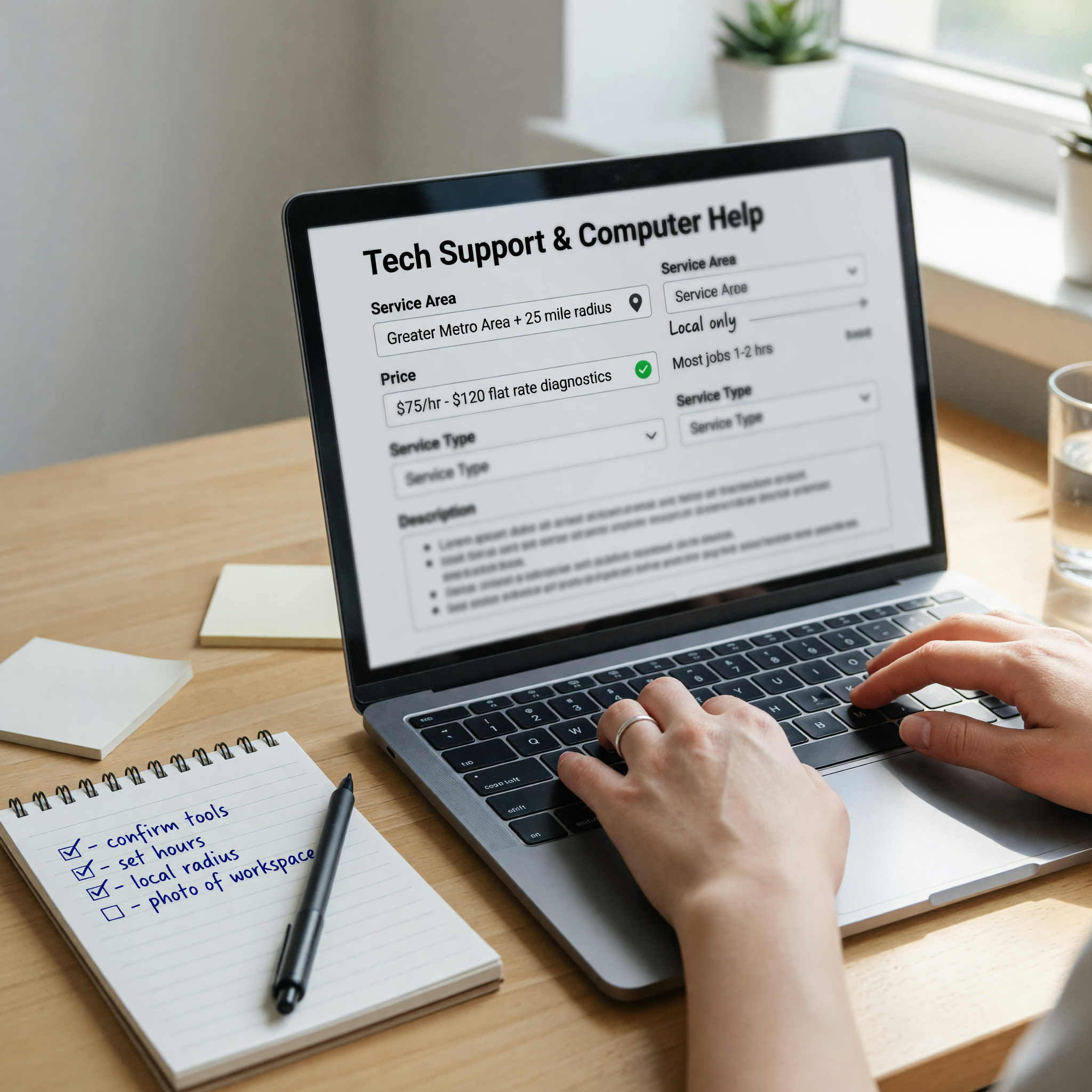 Hands typing a computer help service listing on a laptop with a short checklist notepad beside it
