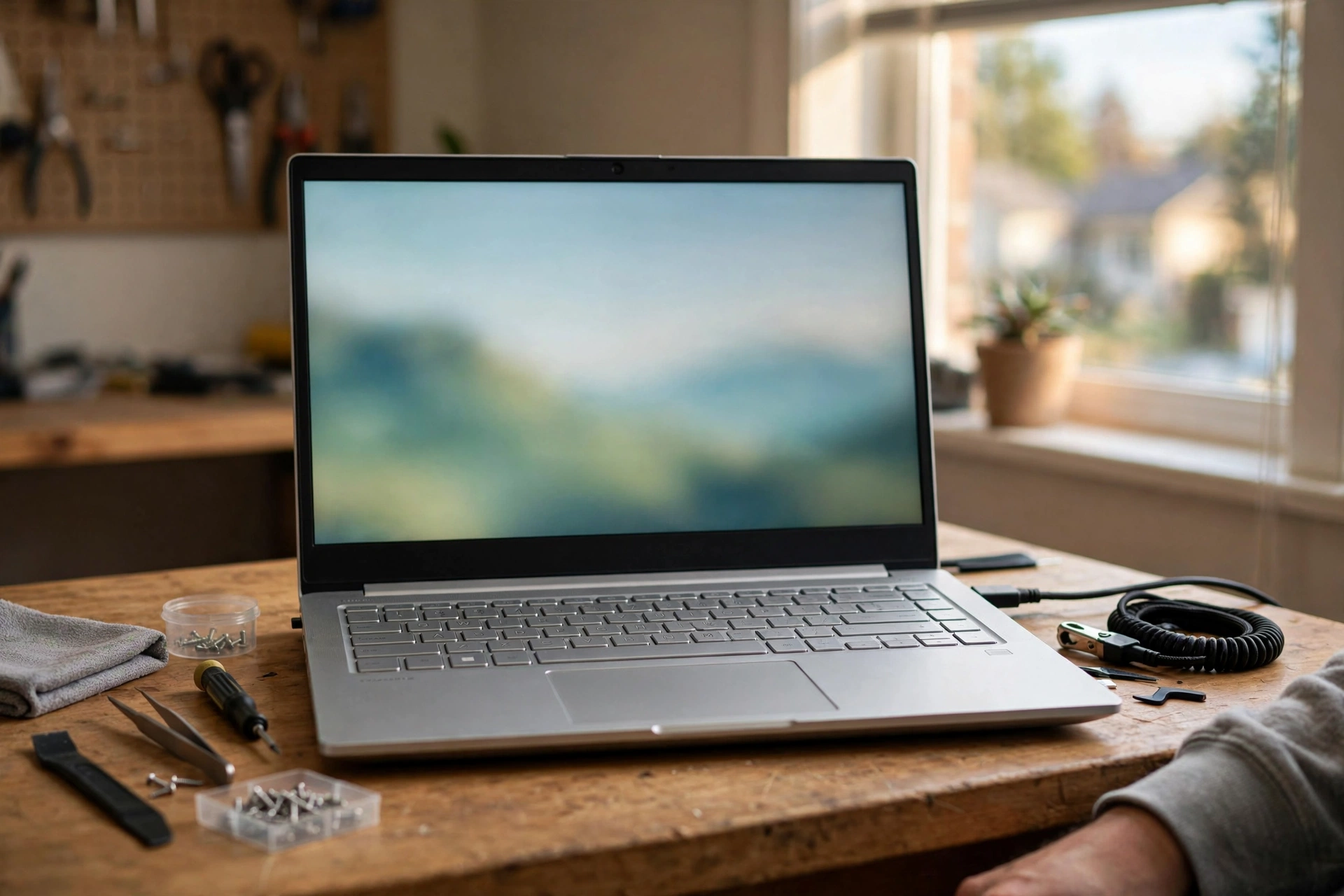 A silver laptop on a clean workbench in a small home office with the screen on and the keyboard visible