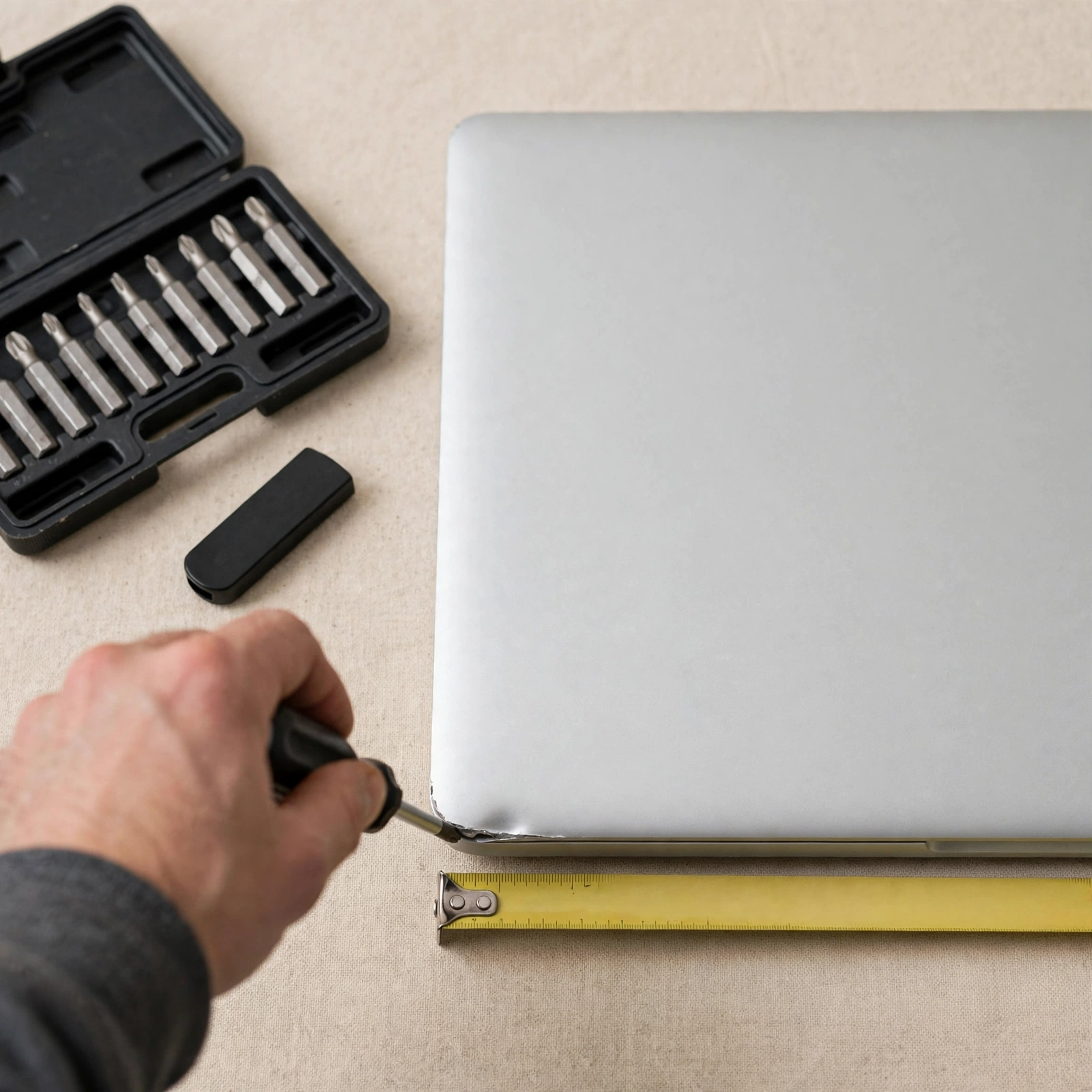 A screwdriver set and USB drive beside a laptop on a workbench