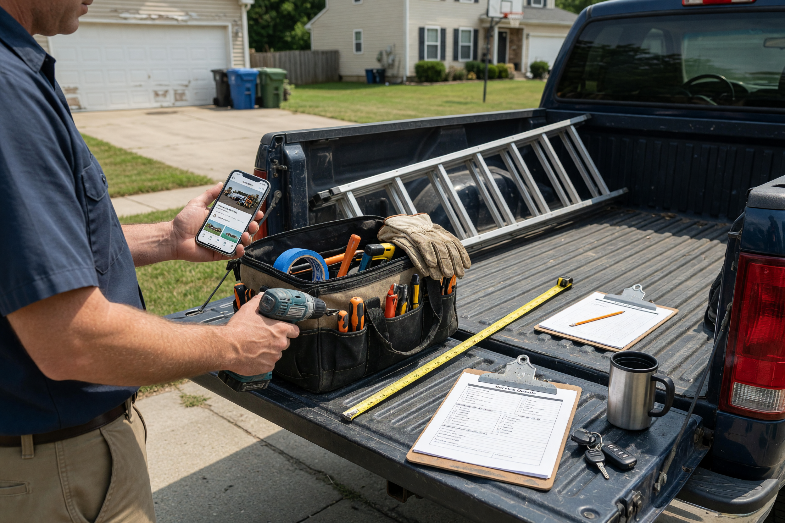 Independent contractor tools and phone ready for posting a local service listing