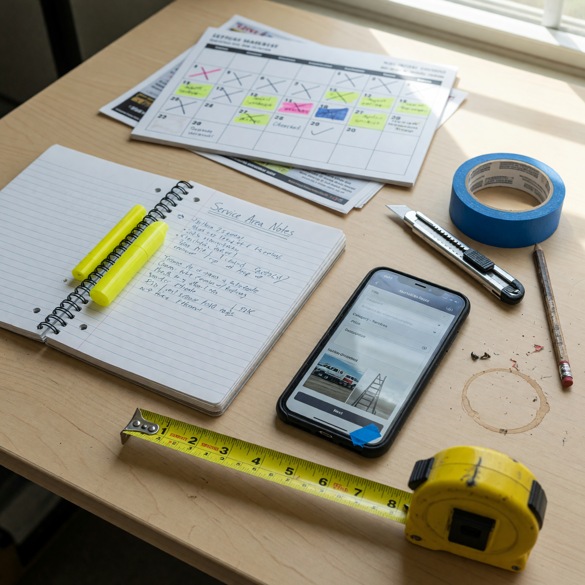 Contractor tools, phone, notebook, and calendar arranged for writing a service listing