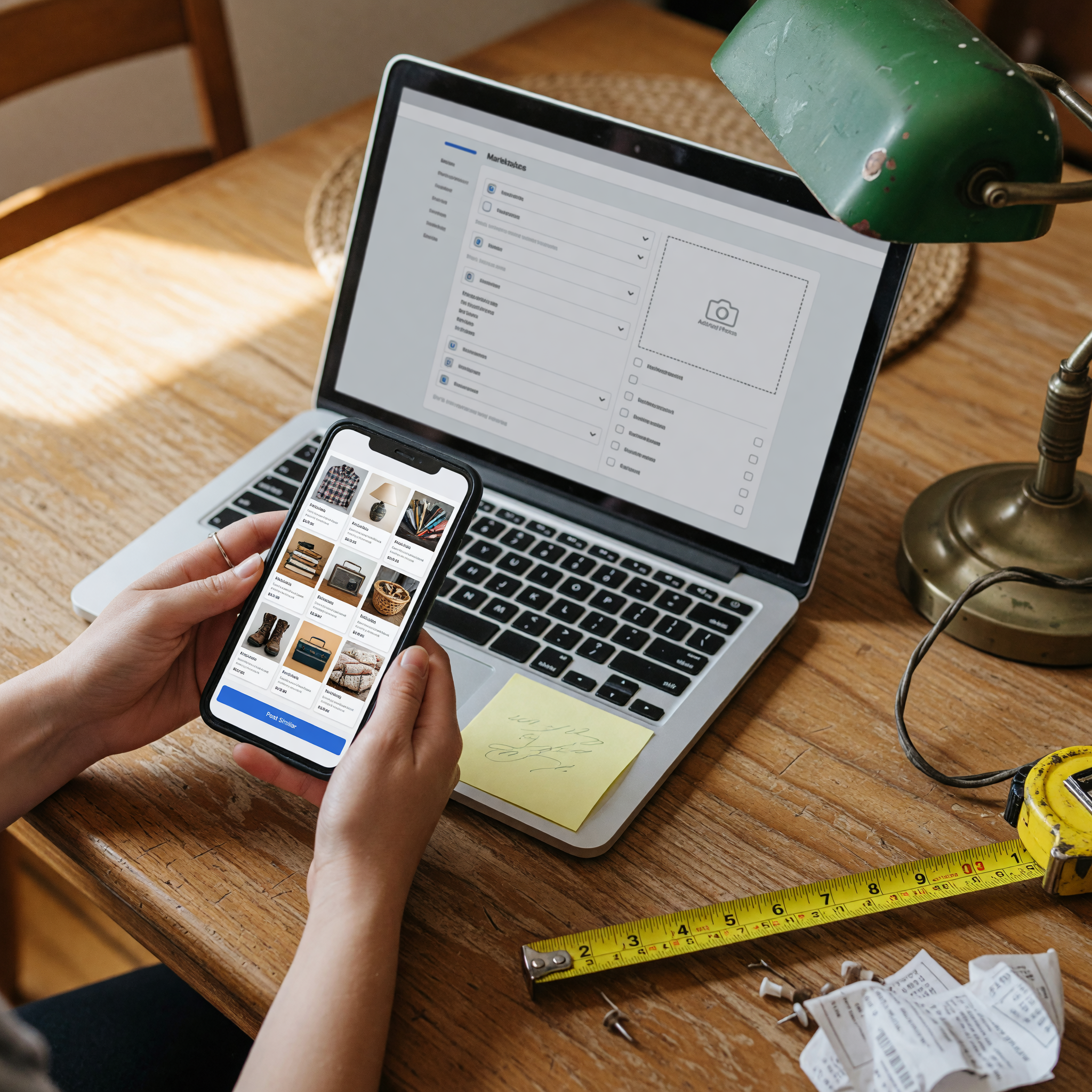 Two hands holding a smartphone showing a clean local classifieds listing with a grid of item photos, next to an open laptop displaying a marketplace posting form, on a wooden table with a used lamp and a tape measure