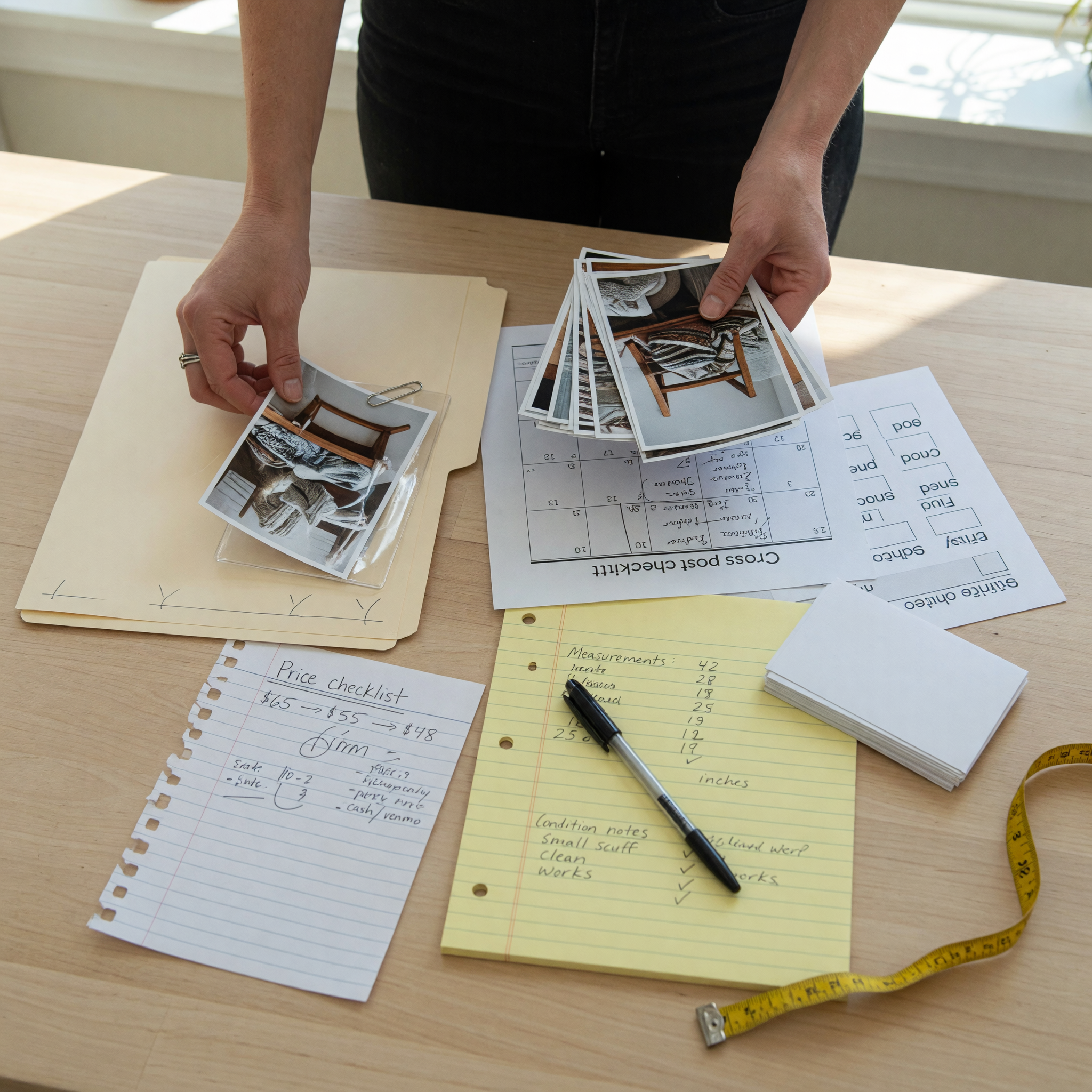 Seller reviewing item photos, measurements, condition notes, and pickup details before importing an OfferUp listing