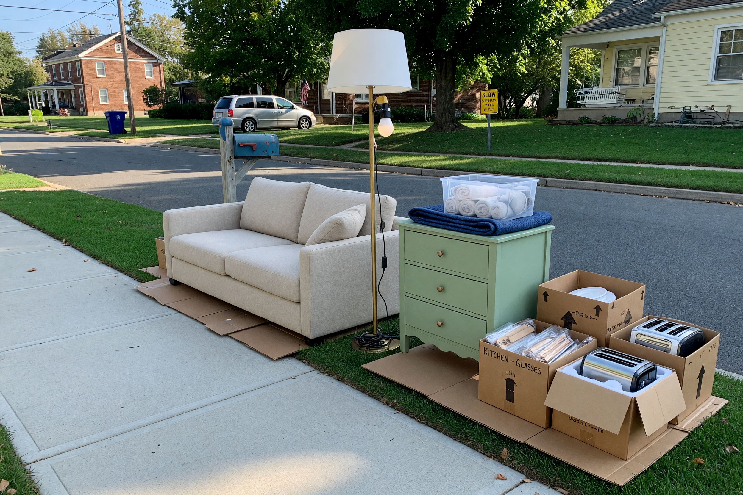 Clean sofa, dresser, lamp, and boxes arranged at a neighborhood curb for same-day free pickup