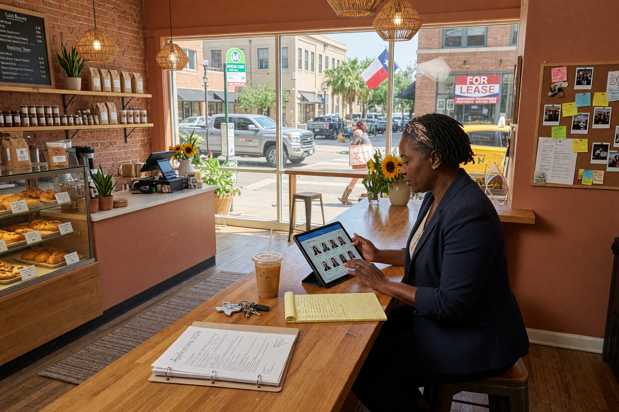 A small Dallas business owner in a cafe reviewing job applicants on a tablet at the counter with a Texas storefront behind