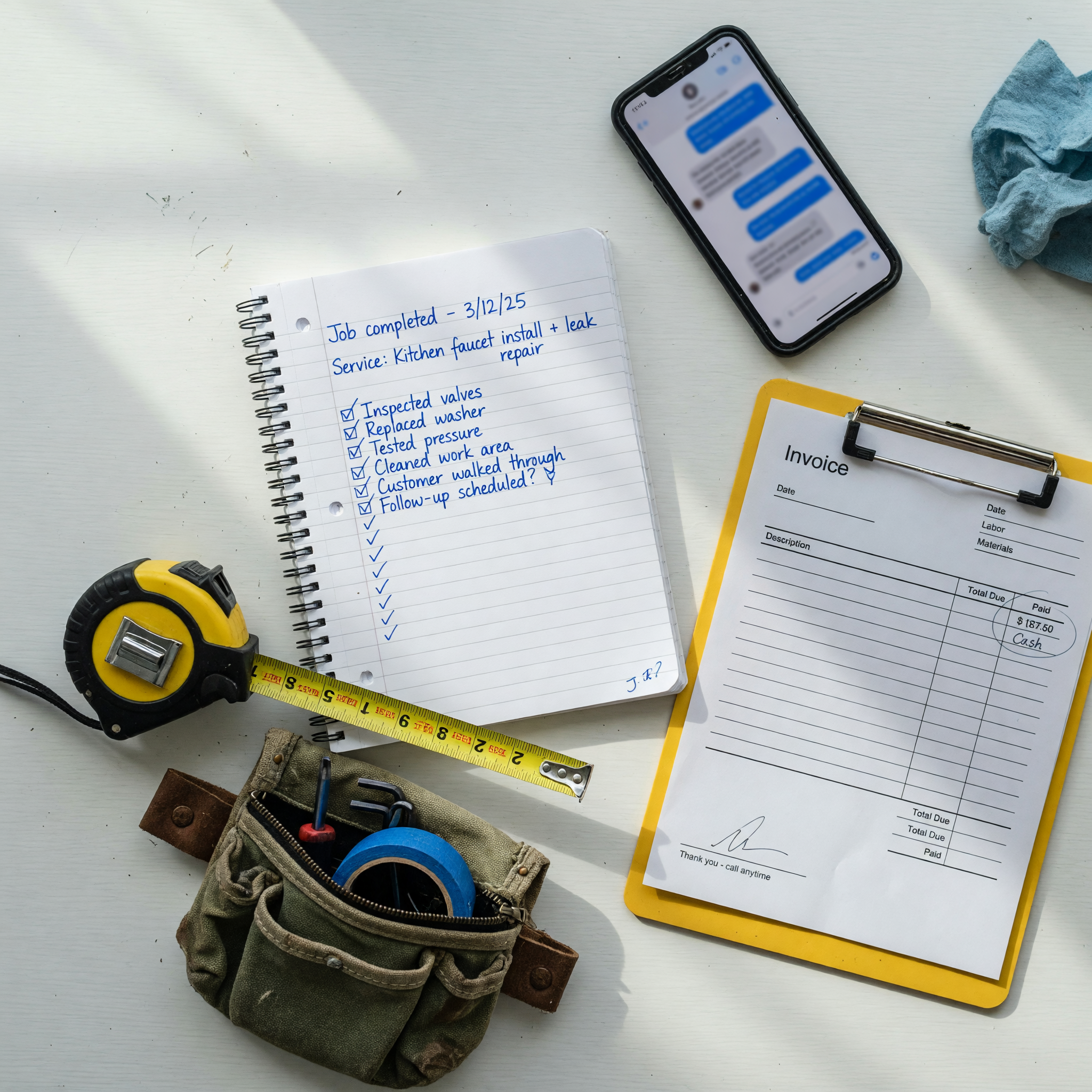 Service provider checklist with tools, phone, and job notes for review-ready work