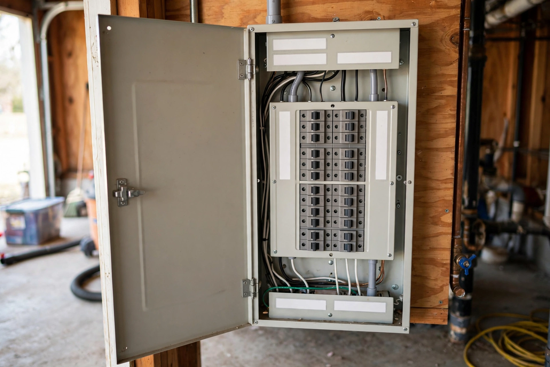 Open breaker panel in a utility room with visible labels