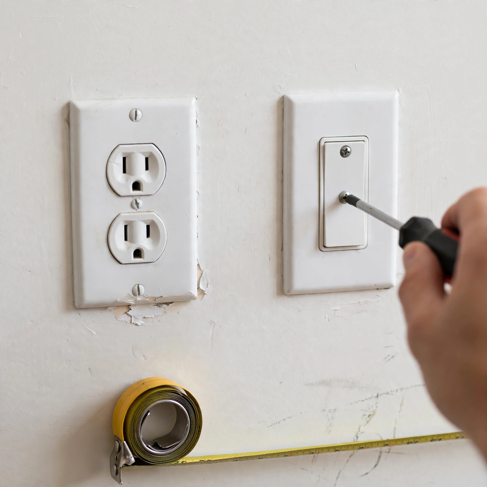 Grounded outlet and switch plate on a clean hallway wall