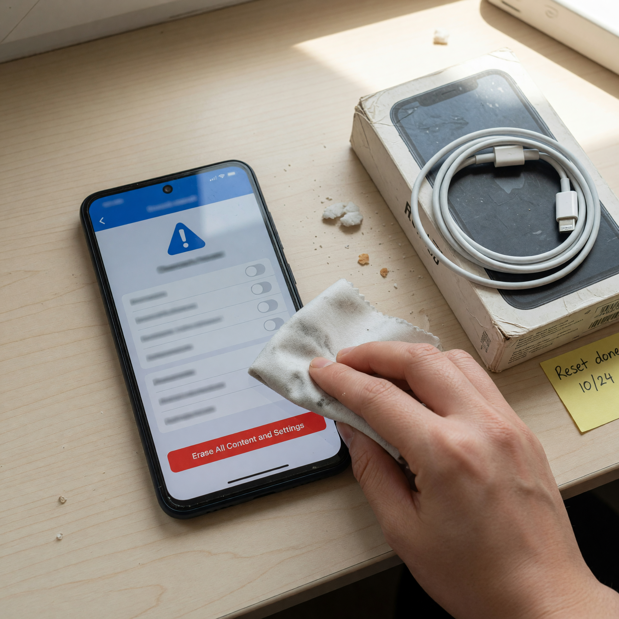 A used smartphone being factory reset on a clean desk next to its original box and charging cable before being listed for sale