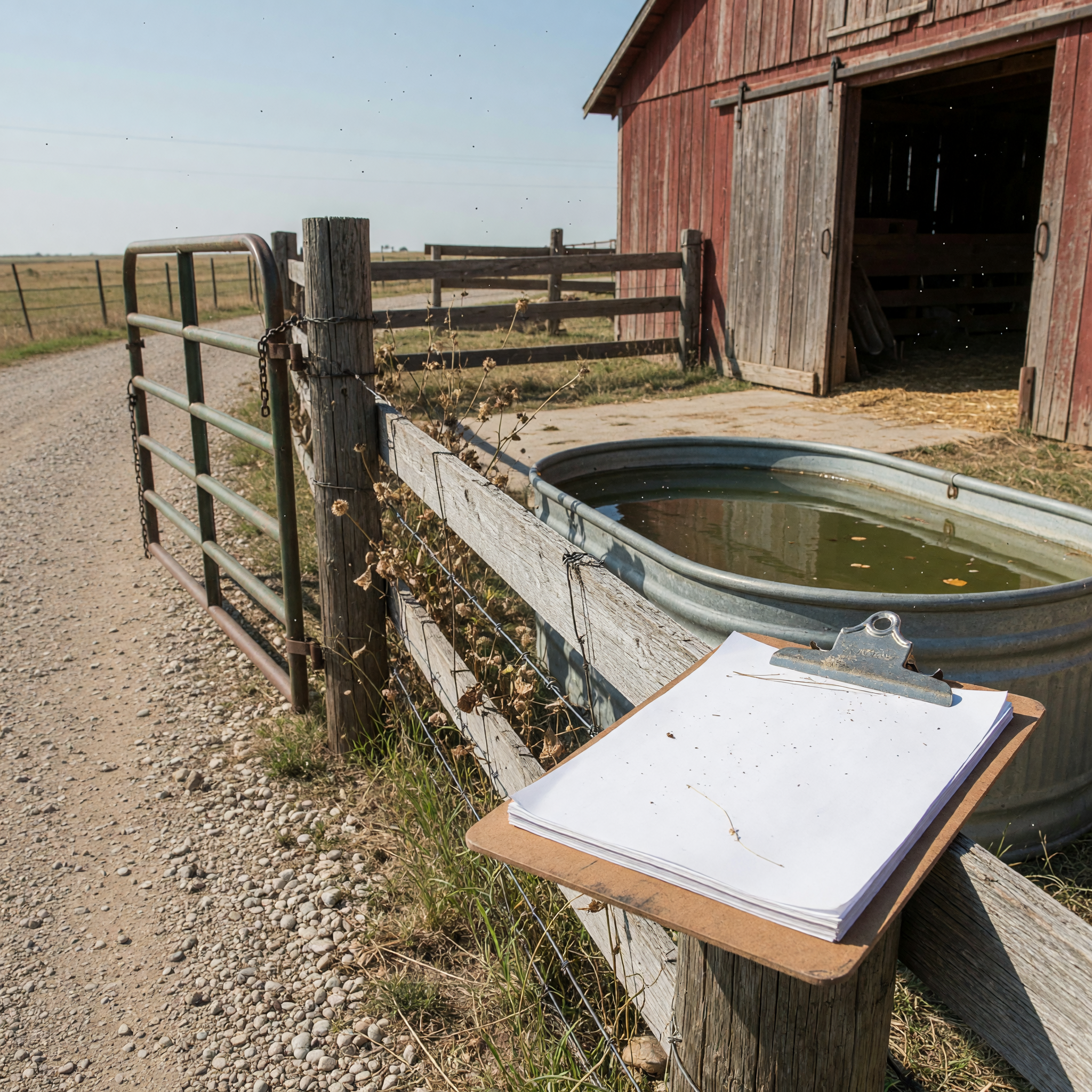 Rural property gate with road access, fencing, water trough, and barn detail for a farm listing