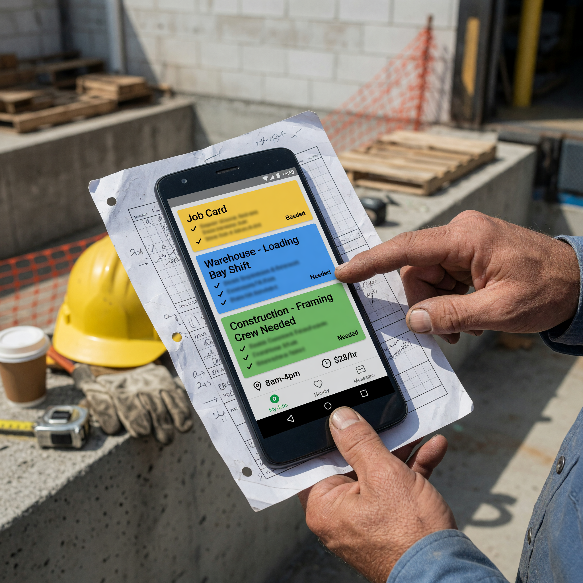 Workers browsing local job listings on a mobile device
