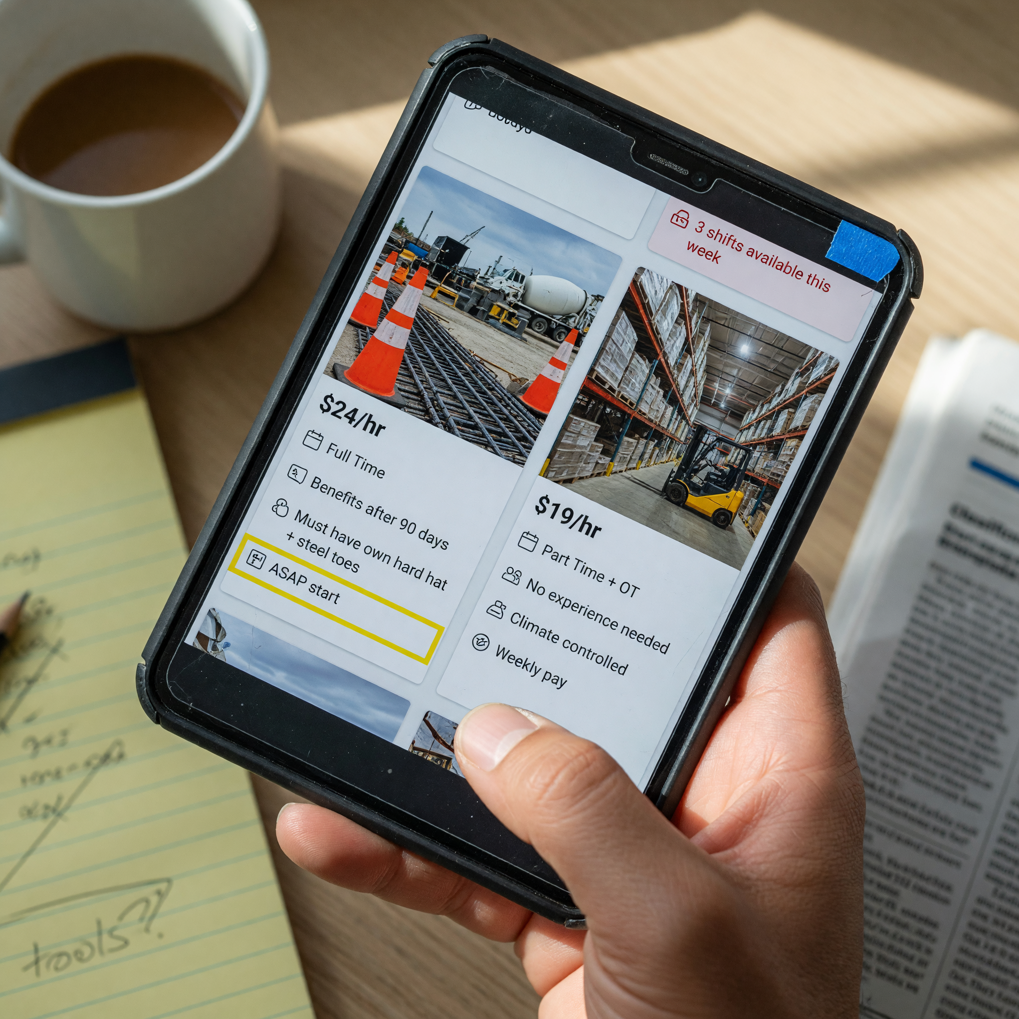 A person comparing construction and warehouse jobs on a mobile device