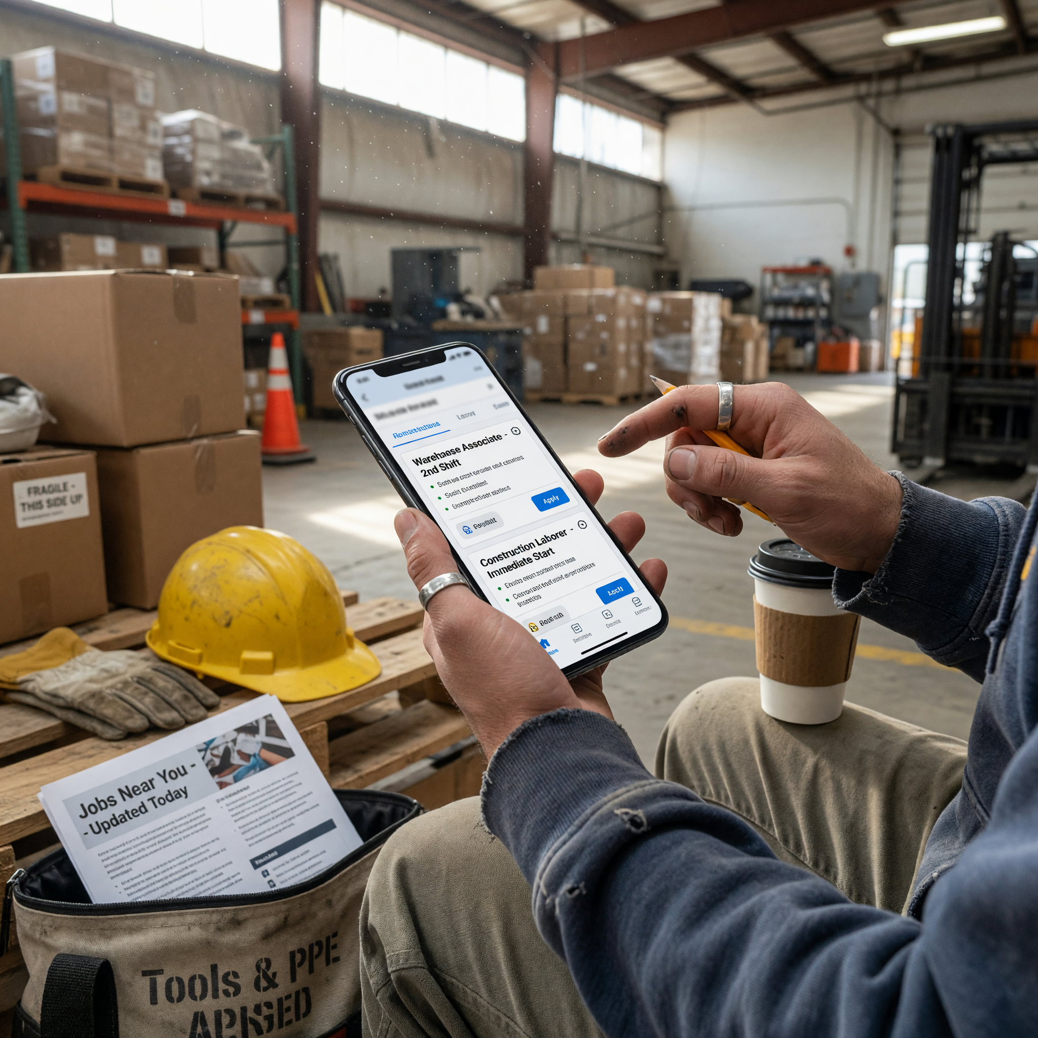 Workers and a phone showing local job search options