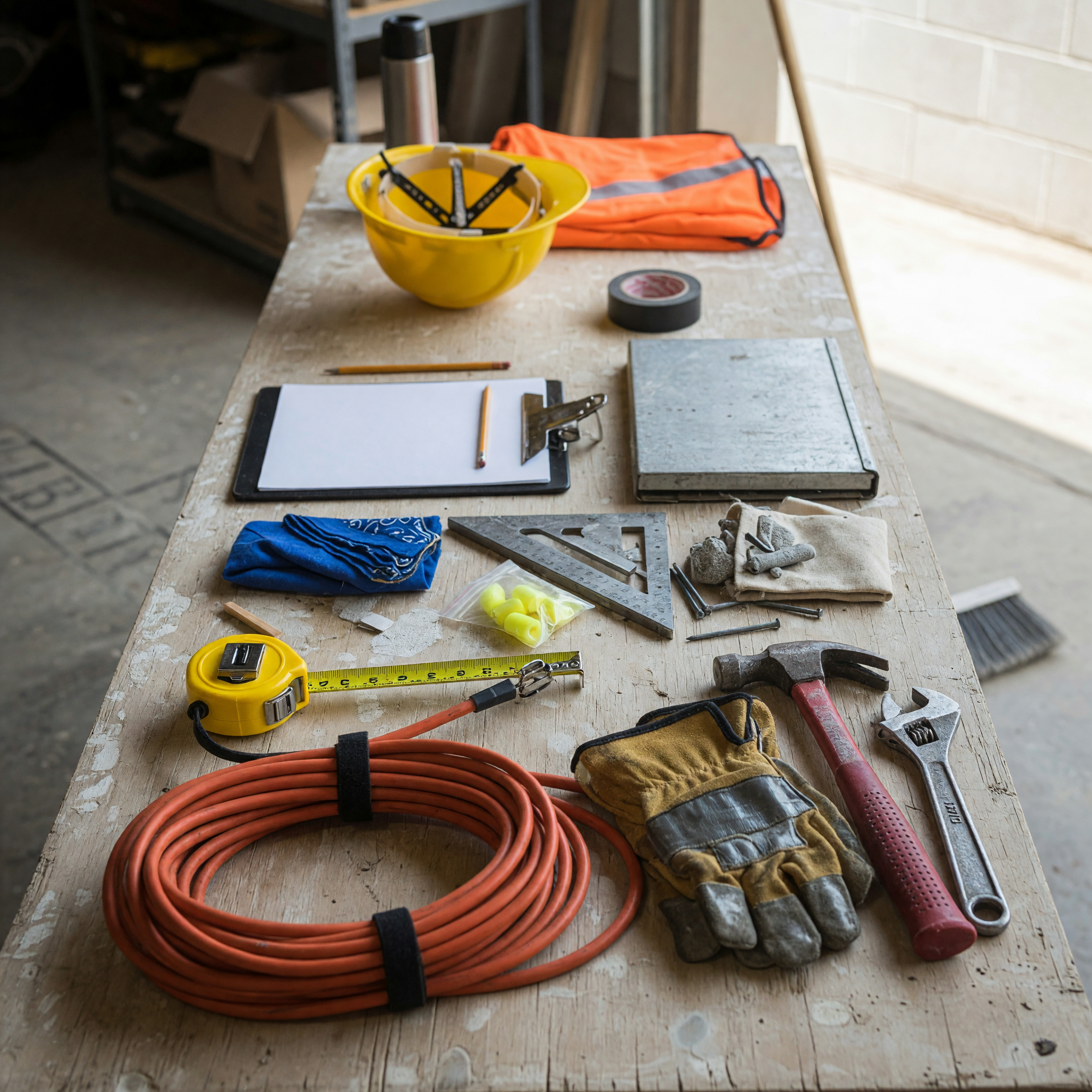 Warehouse and construction tools on a table