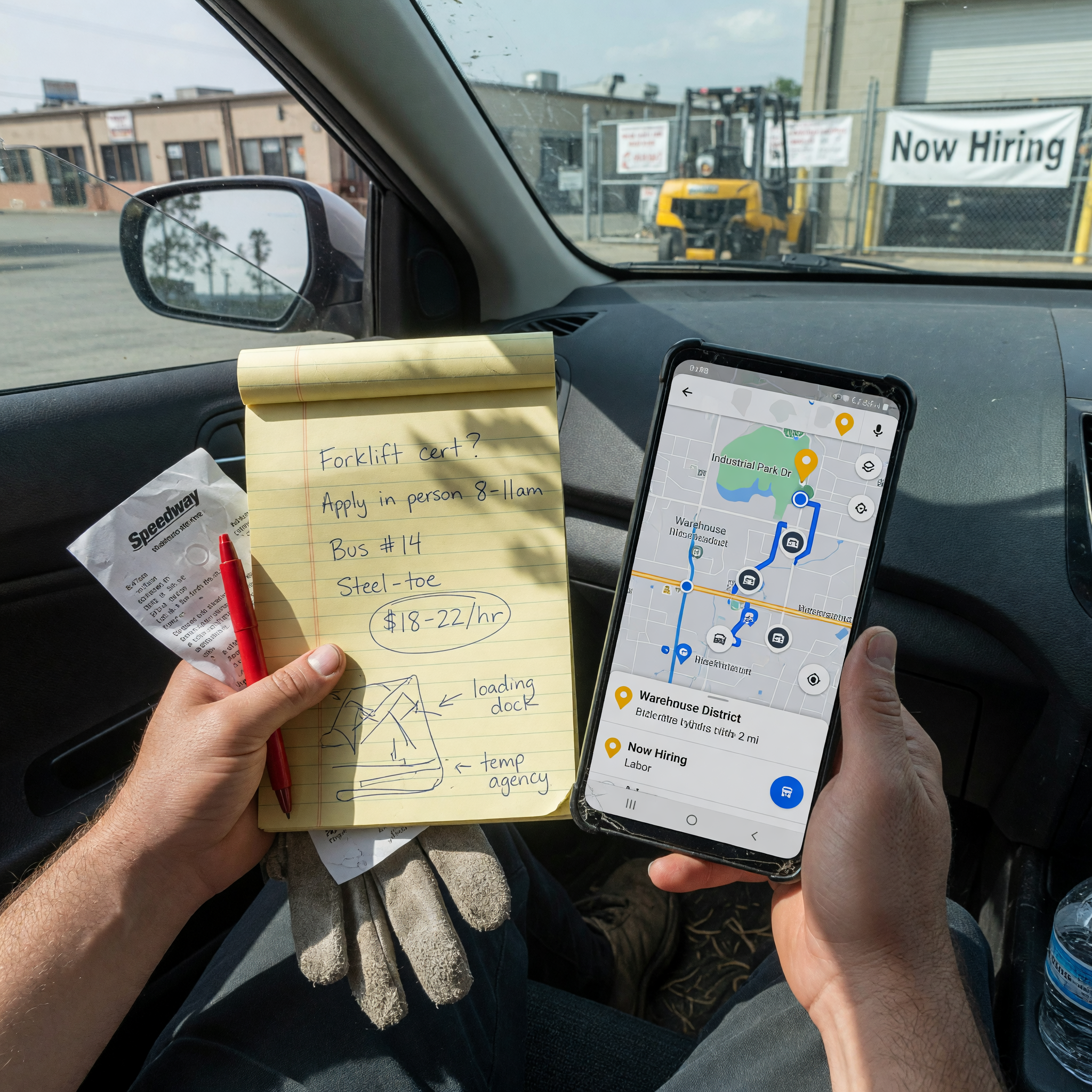 A phone showing nearby job search results for construction and warehouse work