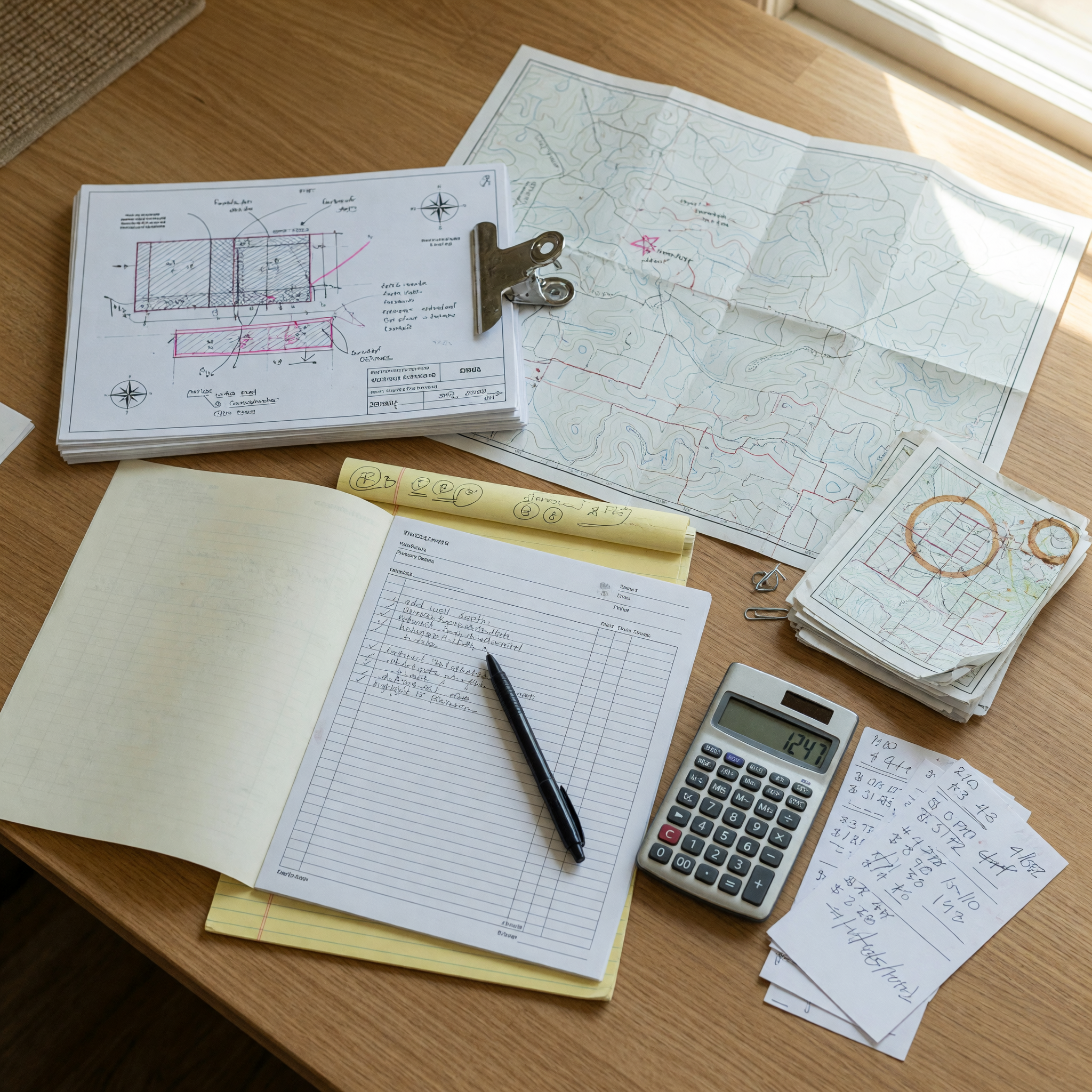 Overhead view of documents used to finish a rural property listing