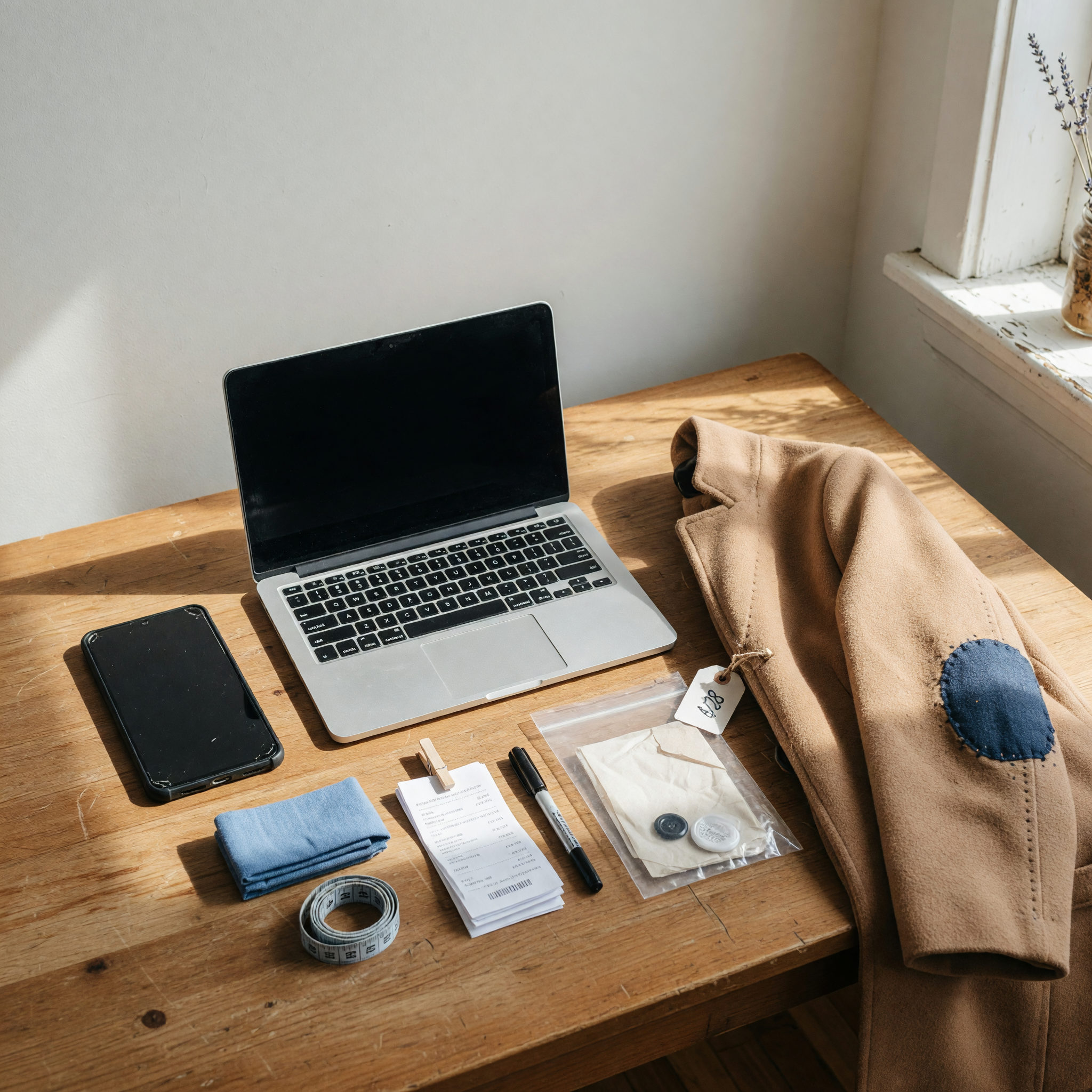 Phone and laptop next to a secondhand item ready to be listed