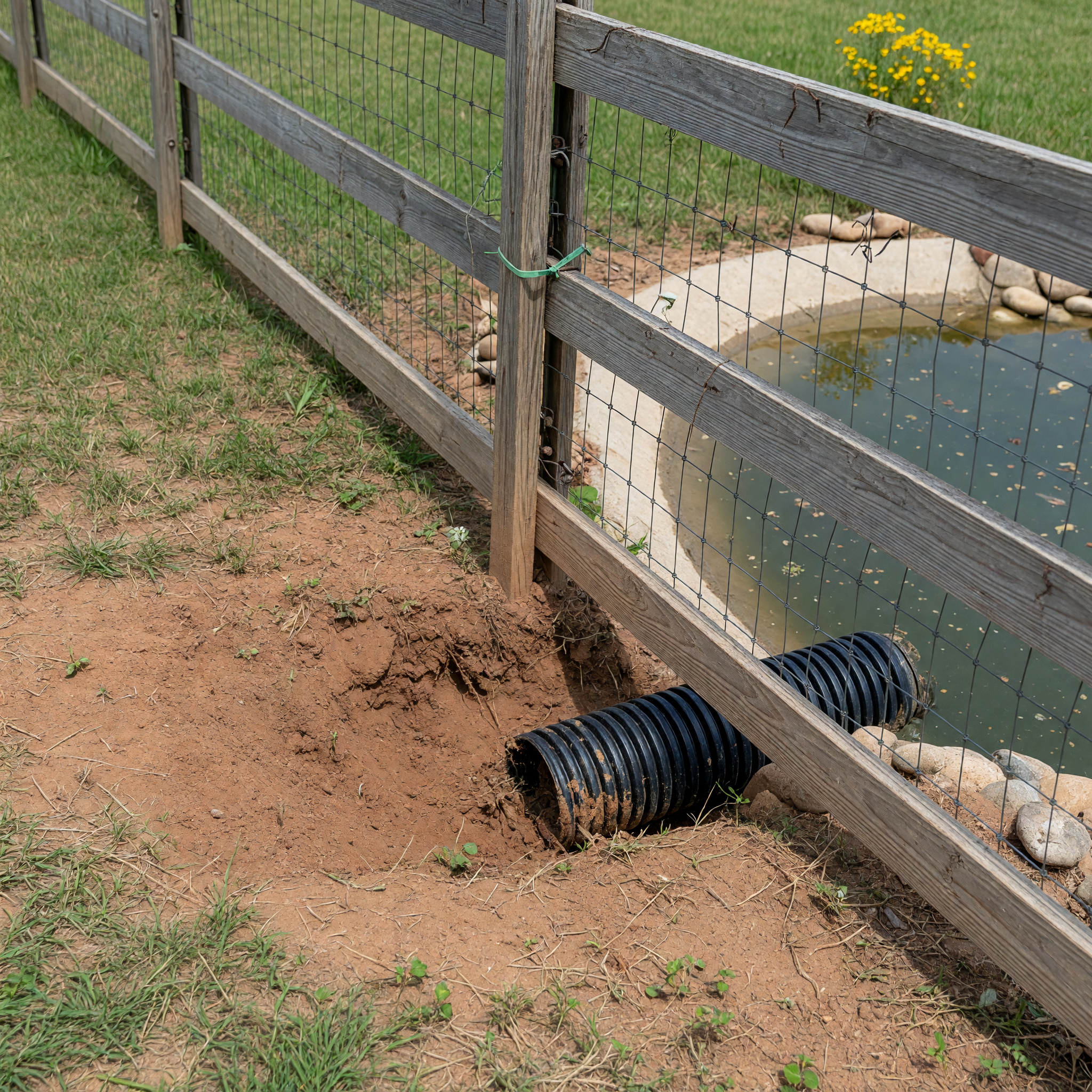 Close view of ranch land with fencing and water access