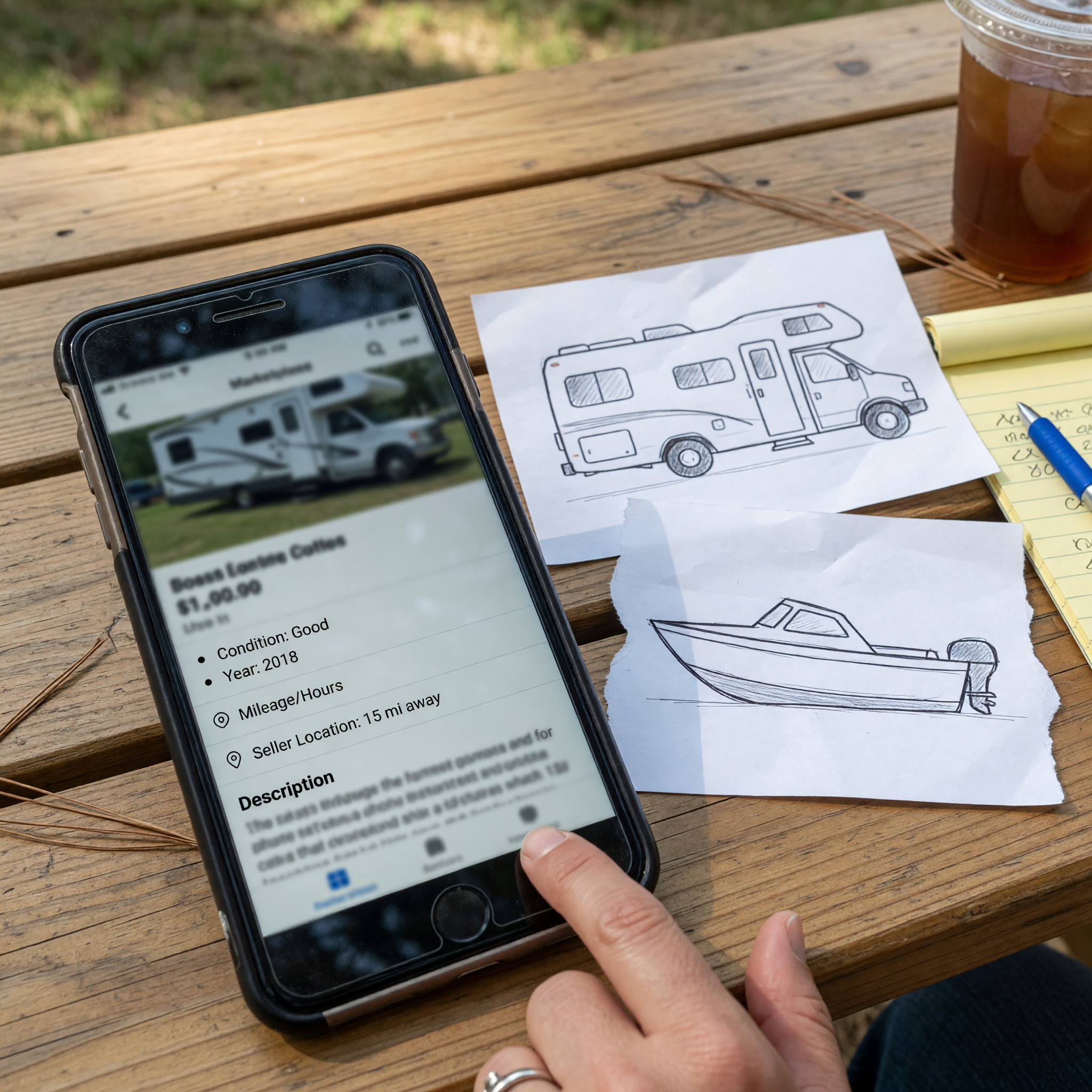 Illustration showing a clear boat and RV listing on a mobile device
