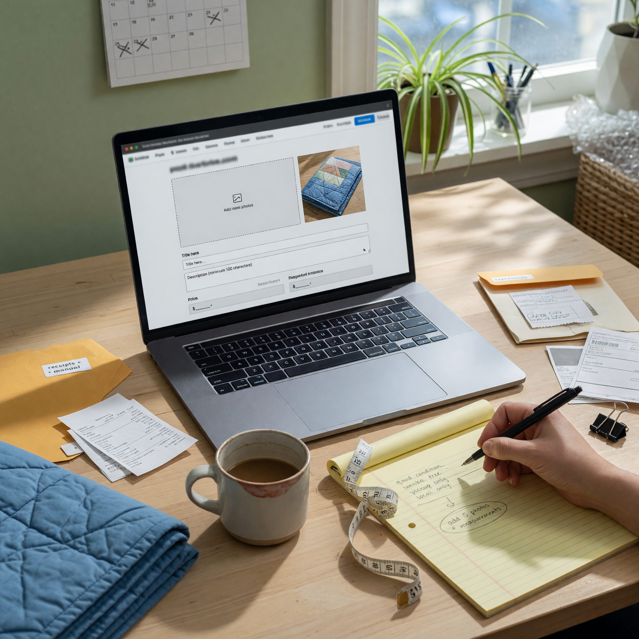 Workspace scene with a listing draft on a laptop