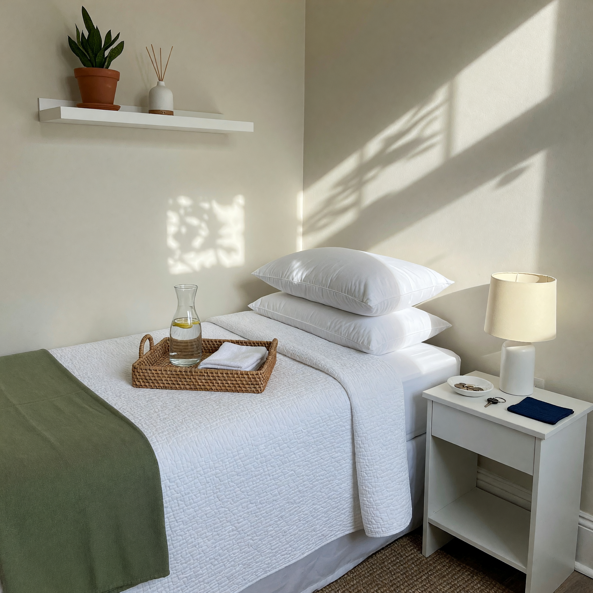 A bright rental room with simple furnishings
