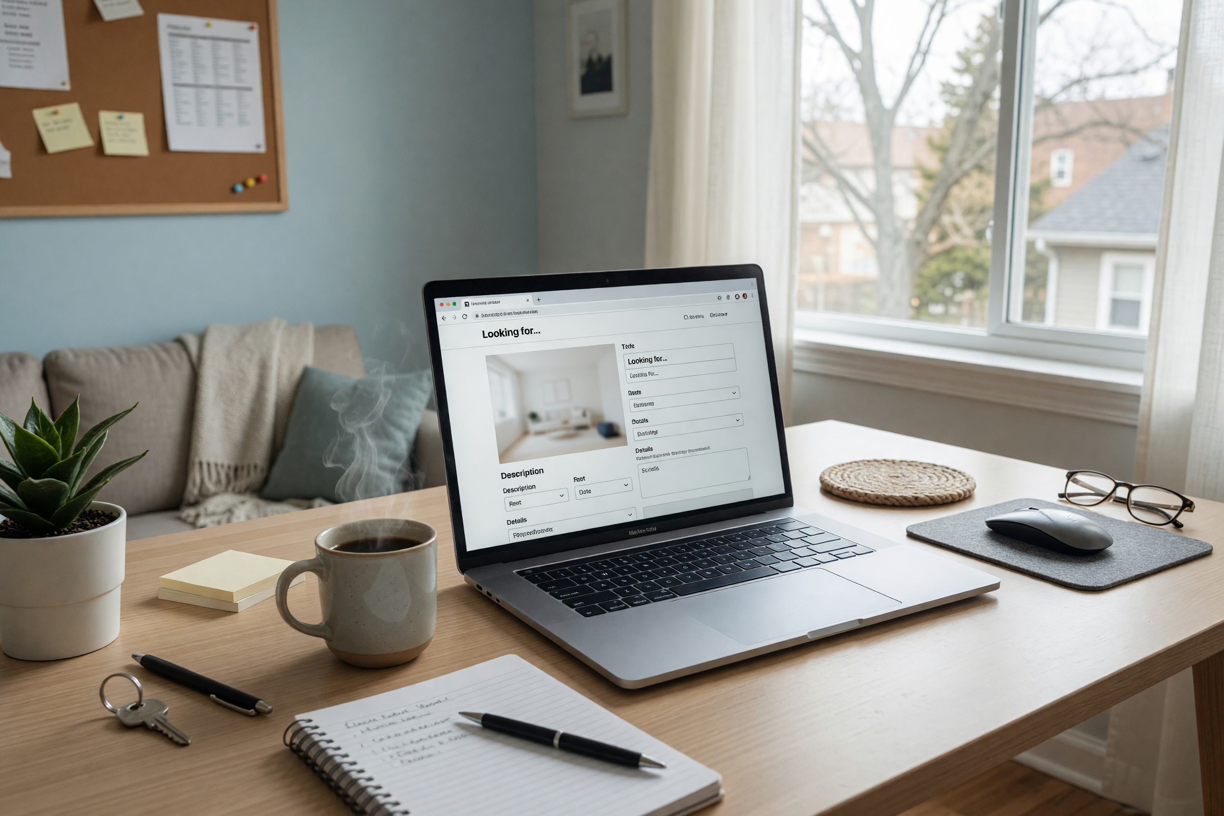 Workspace with a blank roommate listing draft on a laptop