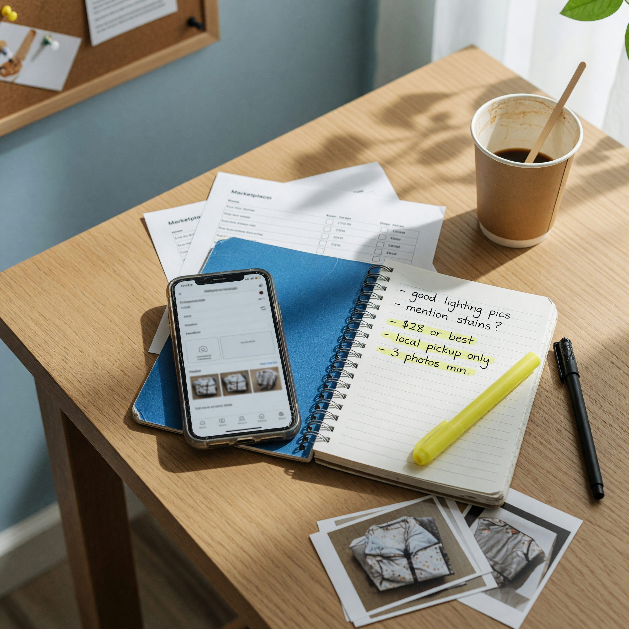 Mobile listing editor scene with a phone and notebook