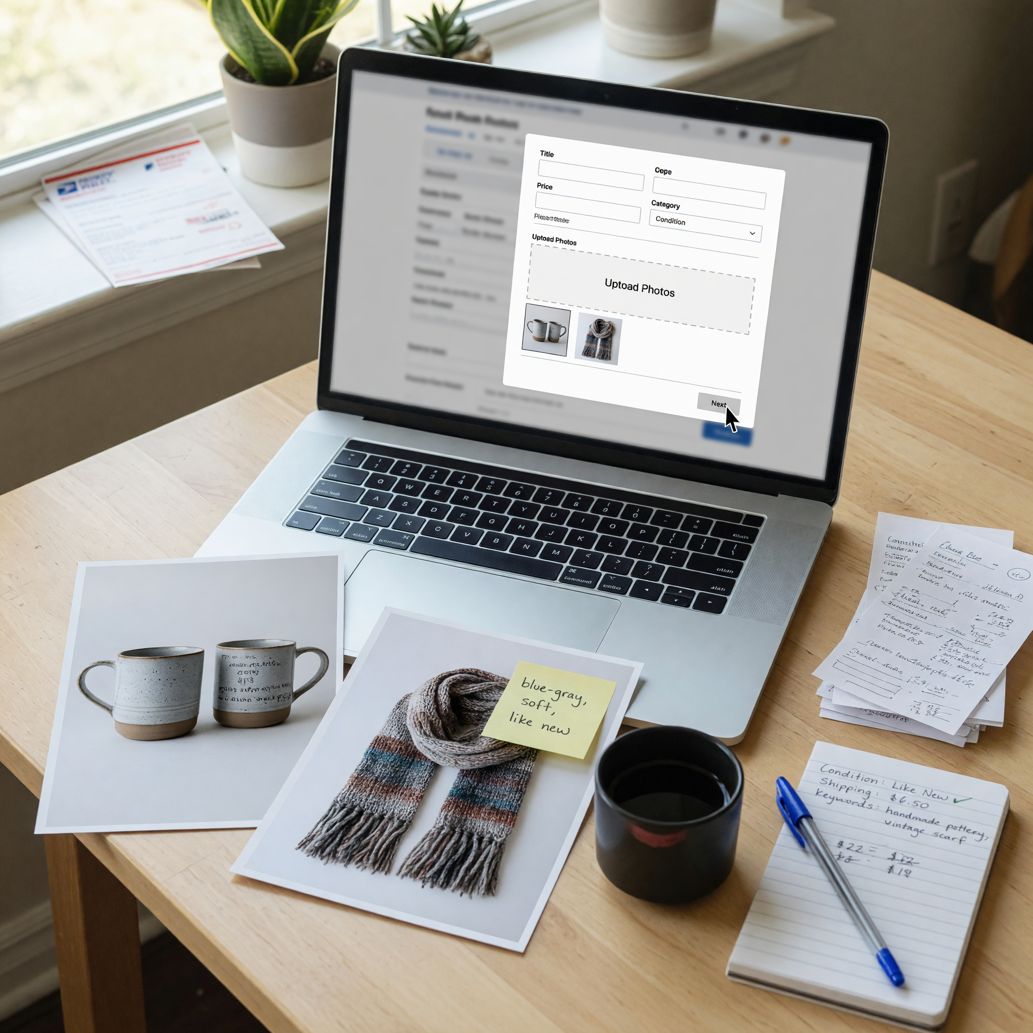 Person finishing an online listing form with product photos nearby